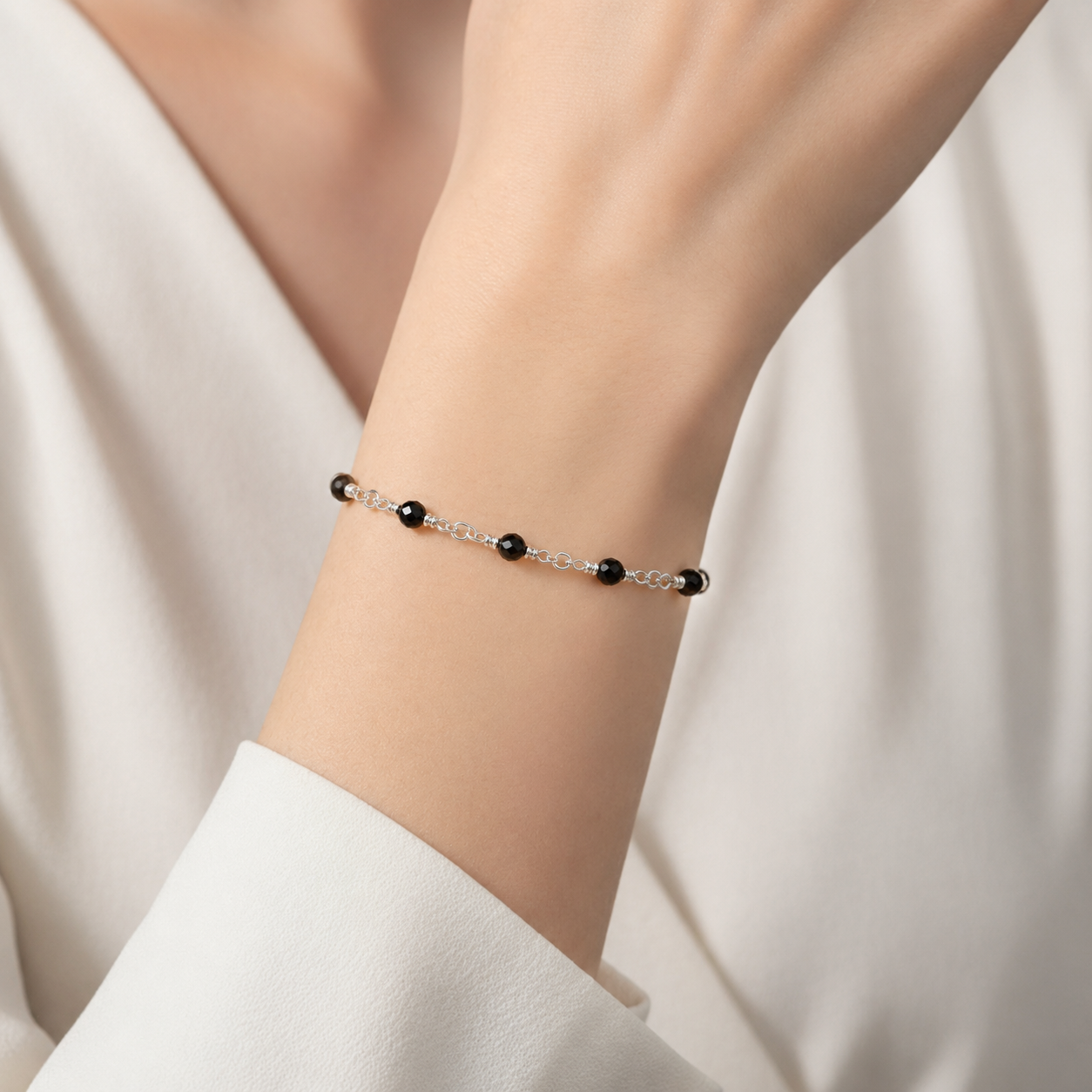 Black Spinel Beaded Chain Bracelet – 925 Sterling silver