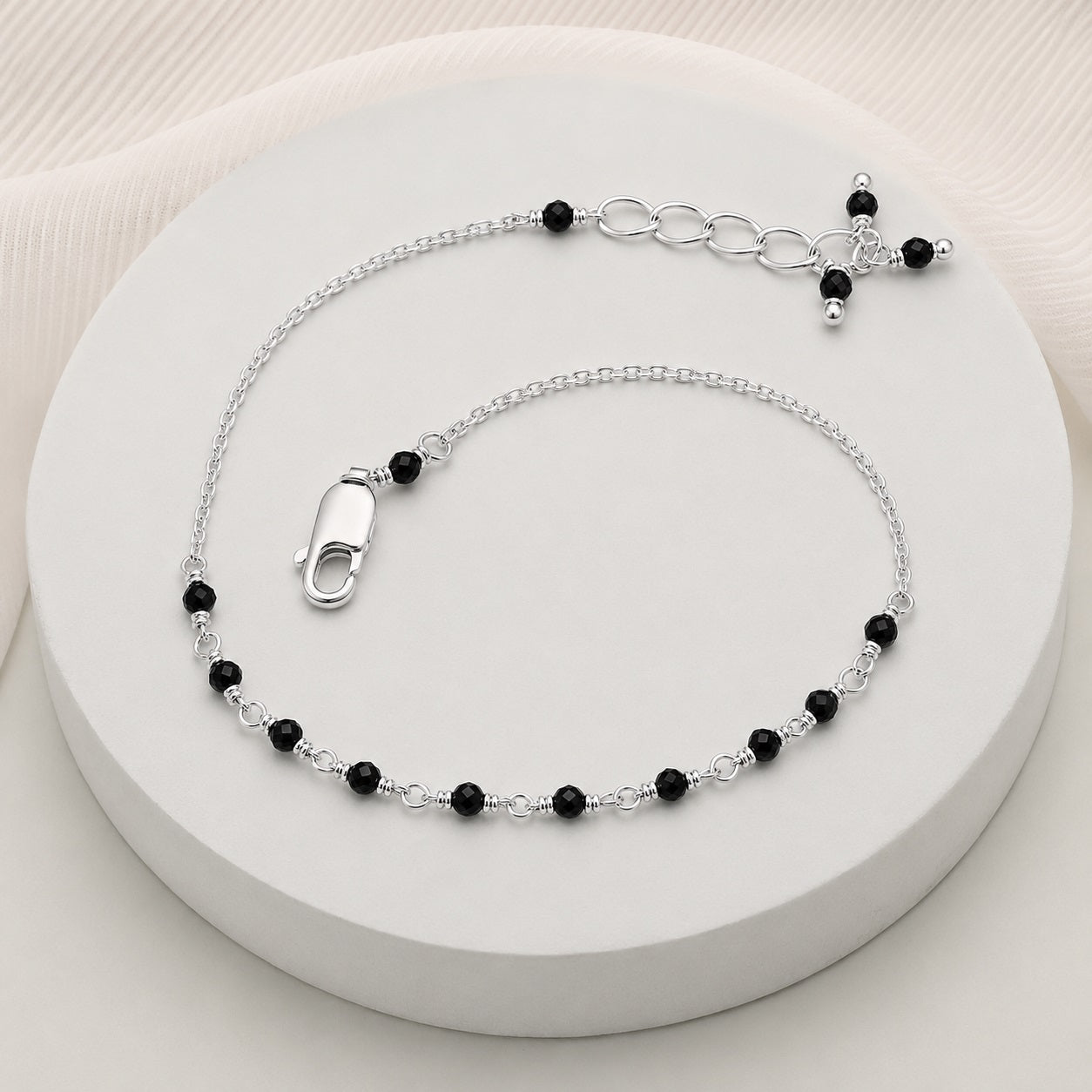 Black Spinel Beaded Chain Bracelet – 925 Sterling silver
