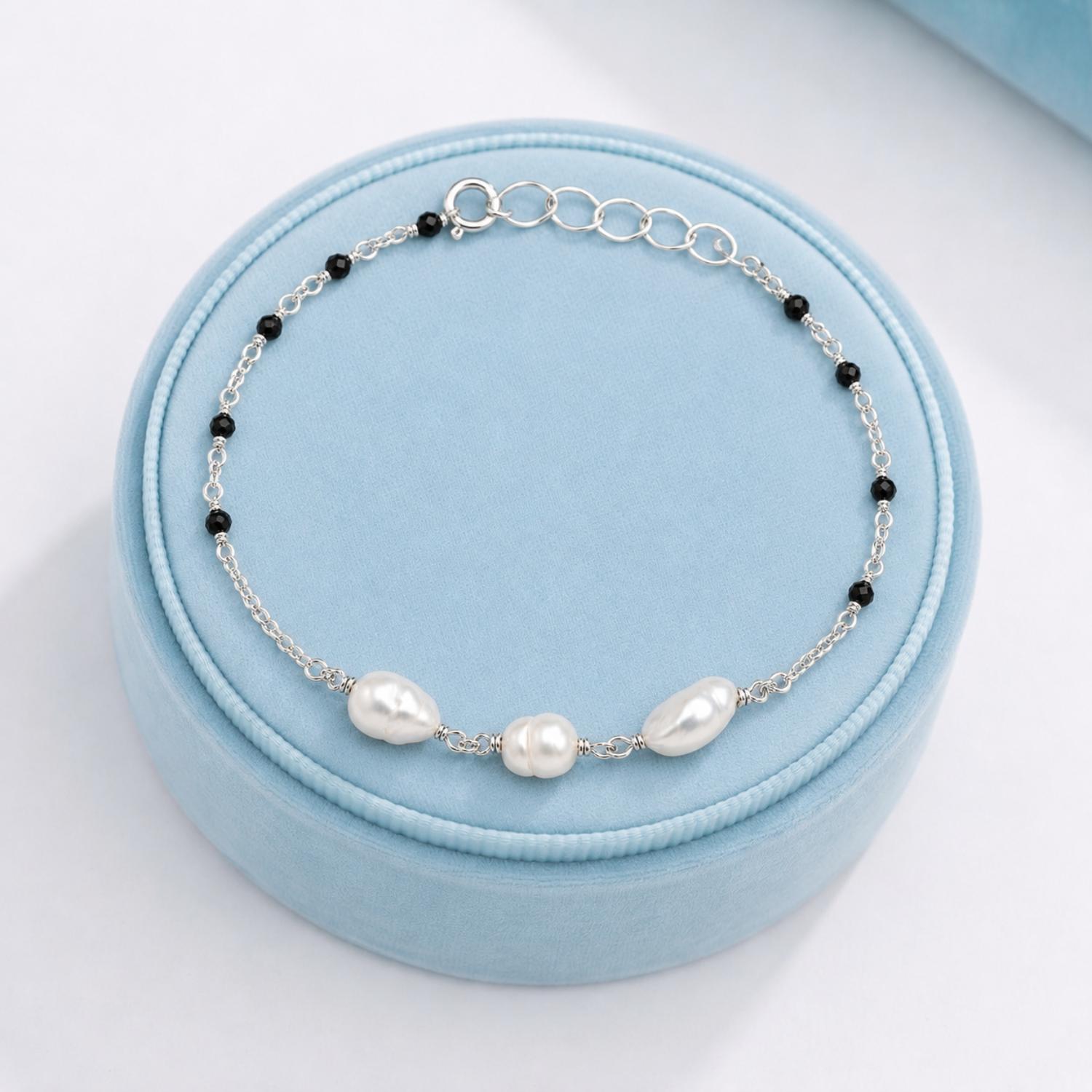 Freshwater Pearl & Black Spinel Bracelet - 925 Sterling Silver