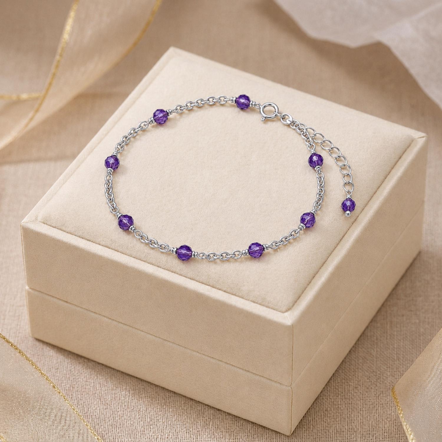 Amethyst Beaded Chain Bracelet - 925 Sterling Silver