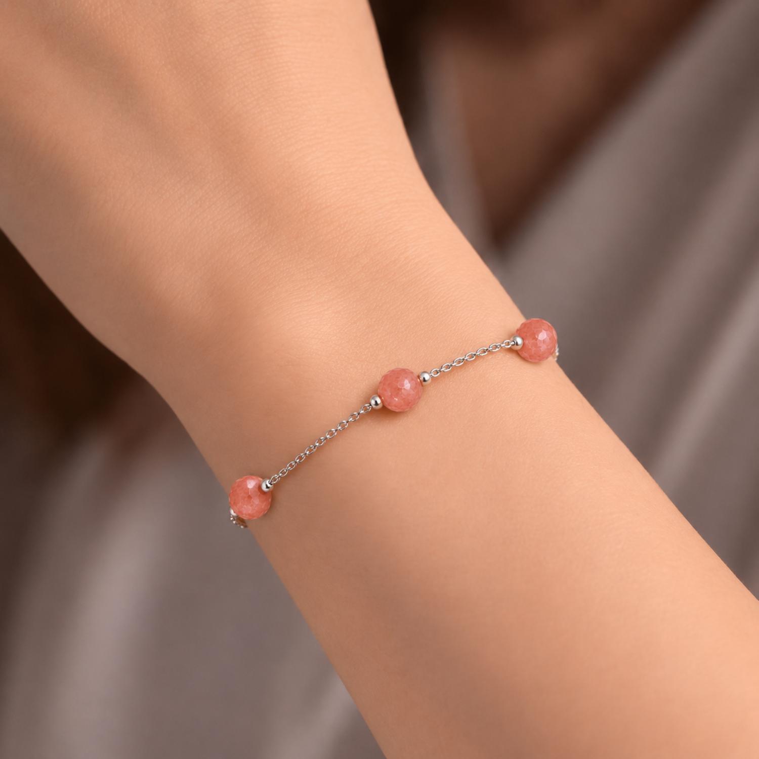 Pink Coral Bead Chain Bracelet - 925 Sterling Silver