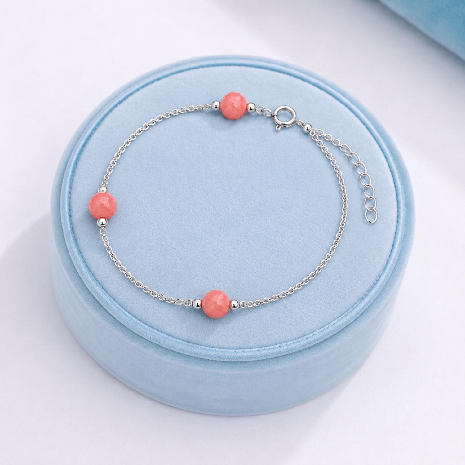 Pink Coral Bead Chain Bracelet - 925 Sterling Silver