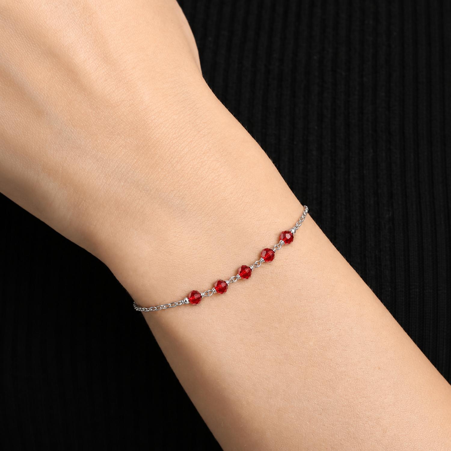 Red Crystal Bead Adjustable Chain Bracelet - 925 Sterling Silver