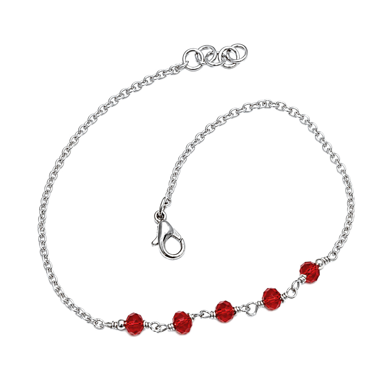Red Crystal Bead Adjustable Chain Bracelet - 925 Sterling Silver
