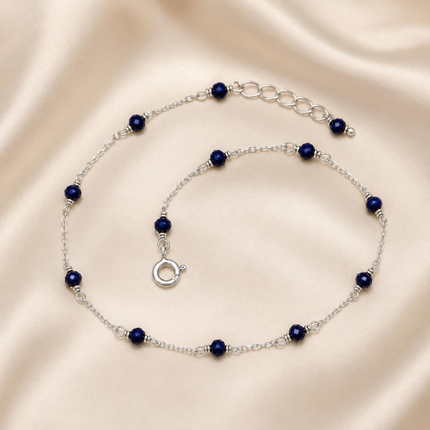 925 Sterling Silver Blue Crystal Bead Chain Bracelet - 925 Sterling Silver