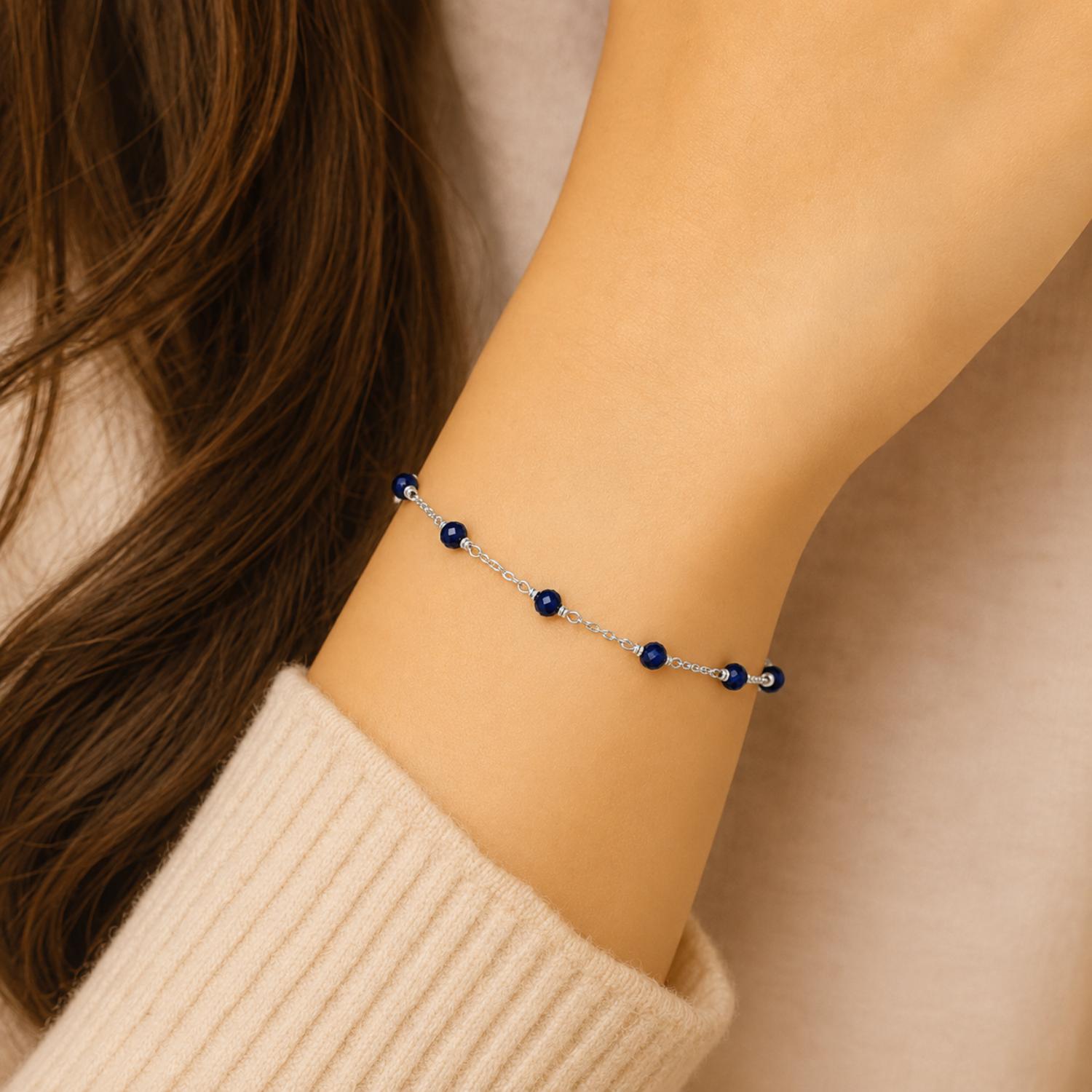 925 Sterling Silver Blue Crystal Bead Chain Bracelet - 925 Sterling Silver