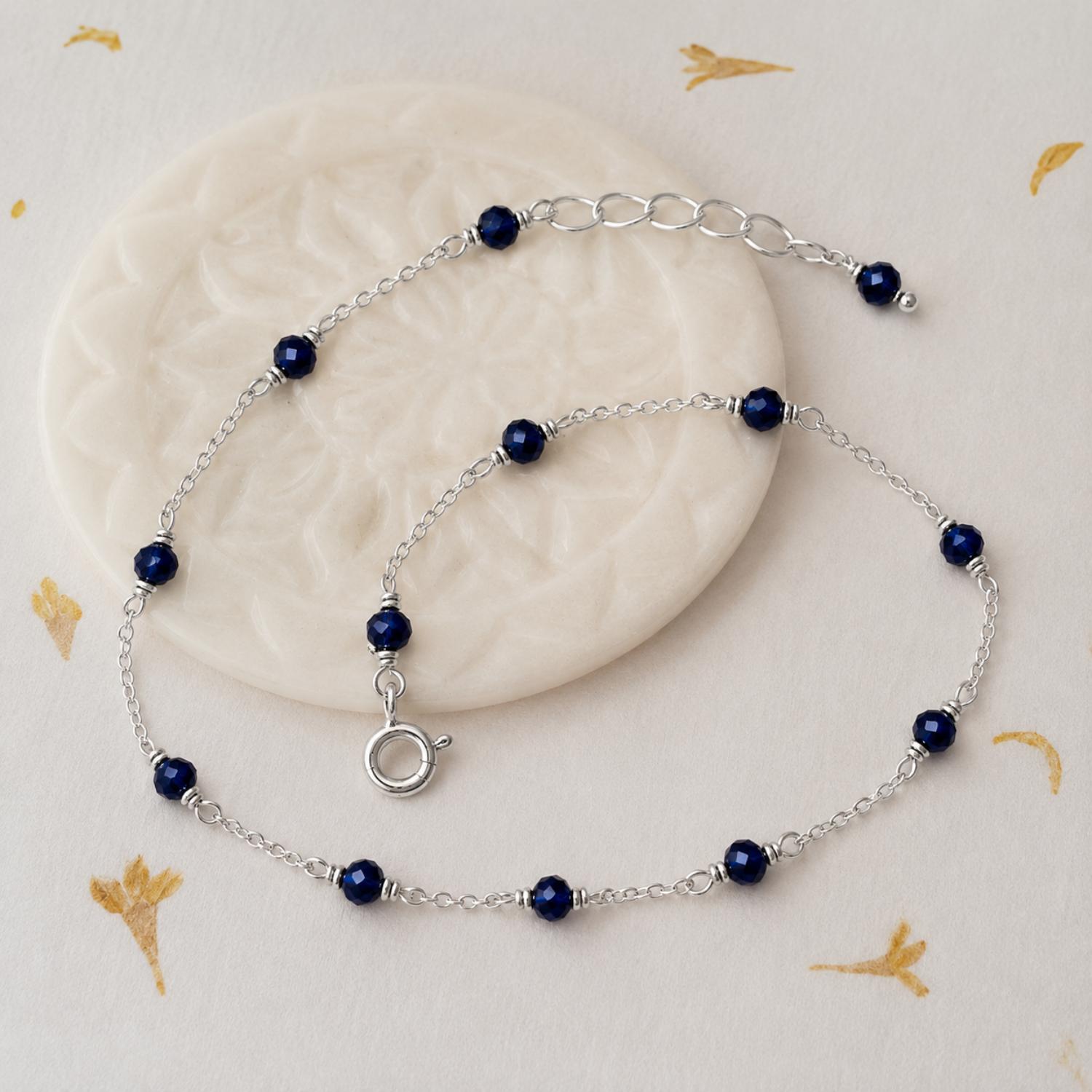 925 Sterling Silver Blue Crystal Bead Chain Bracelet - 925 Sterling Silver