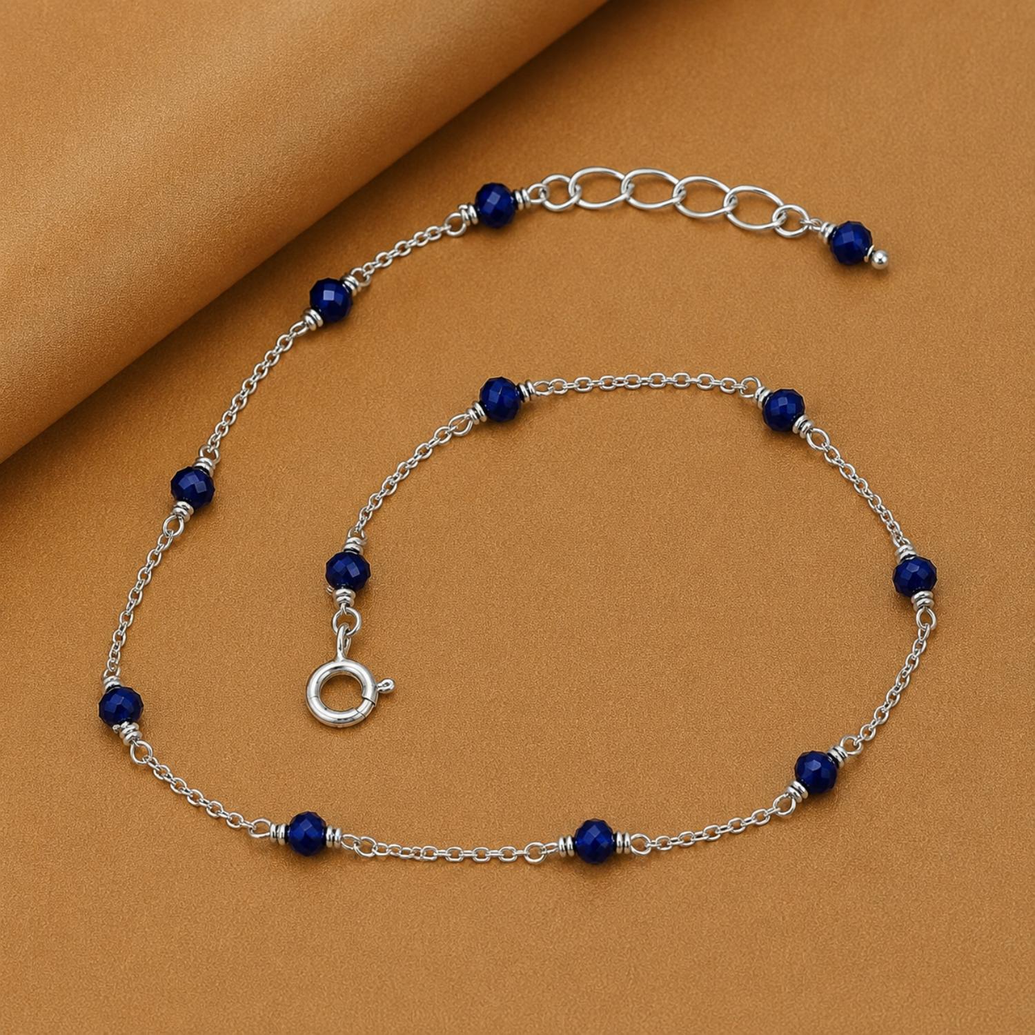 925 Sterling Silver Blue Crystal Bead Chain Bracelet - 925 Sterling Silver