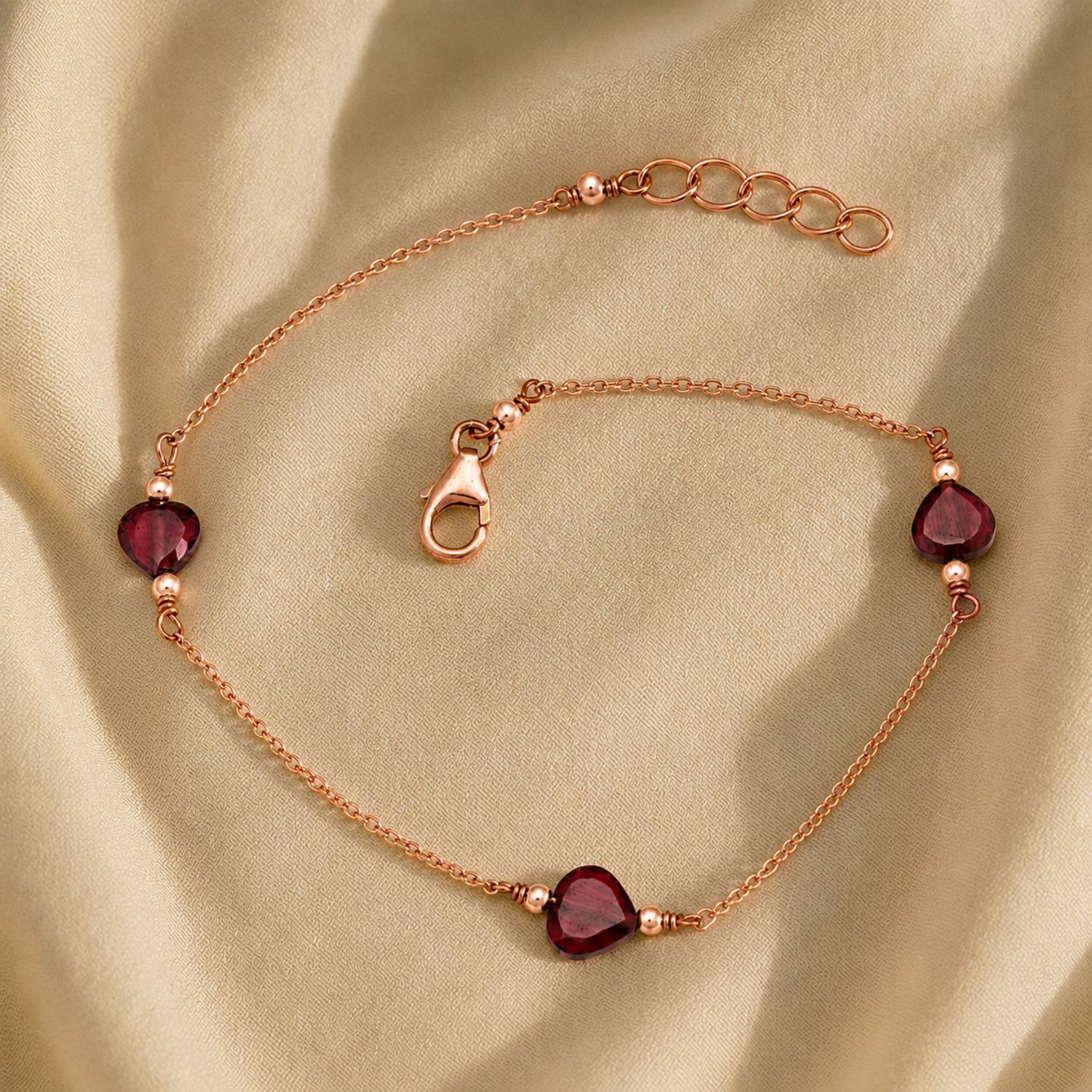 Rose Gold Plated Garnet Heart Bead Bracelet - 925 Sterling Silver
