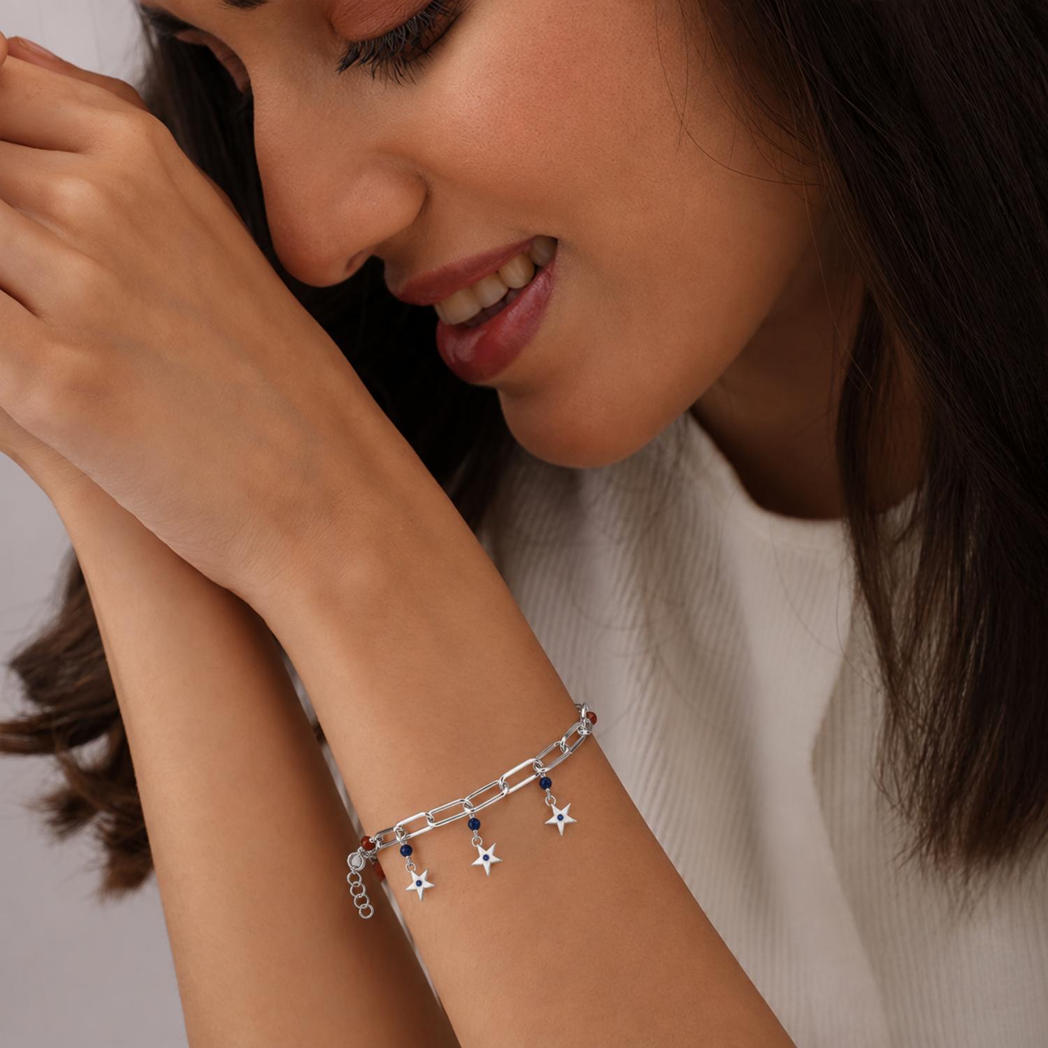 Blue Crystal Star Charm Adjustable Bracelet - 925 Sterling Silver