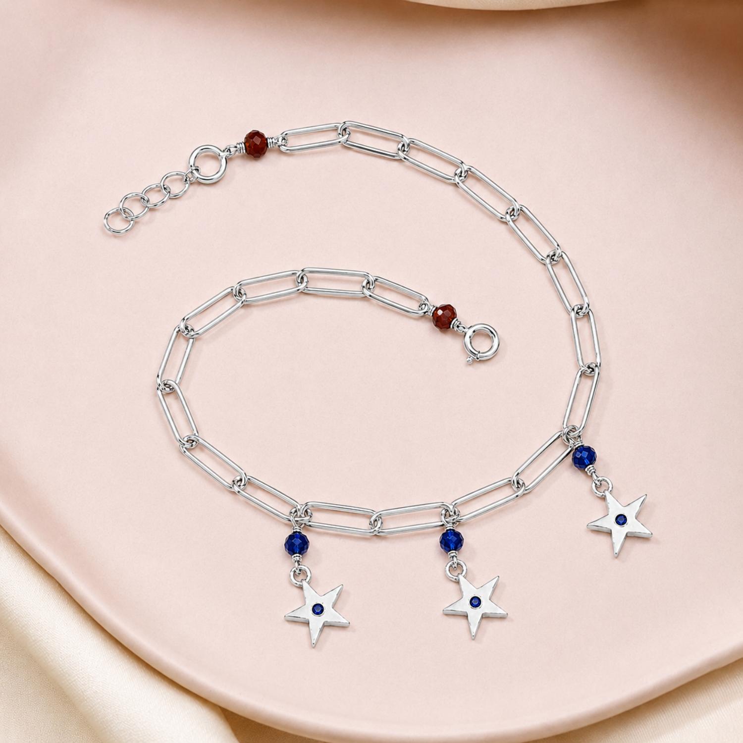 Blue Crystal Star Charm Adjustable Bracelet - 925 Sterling Silver