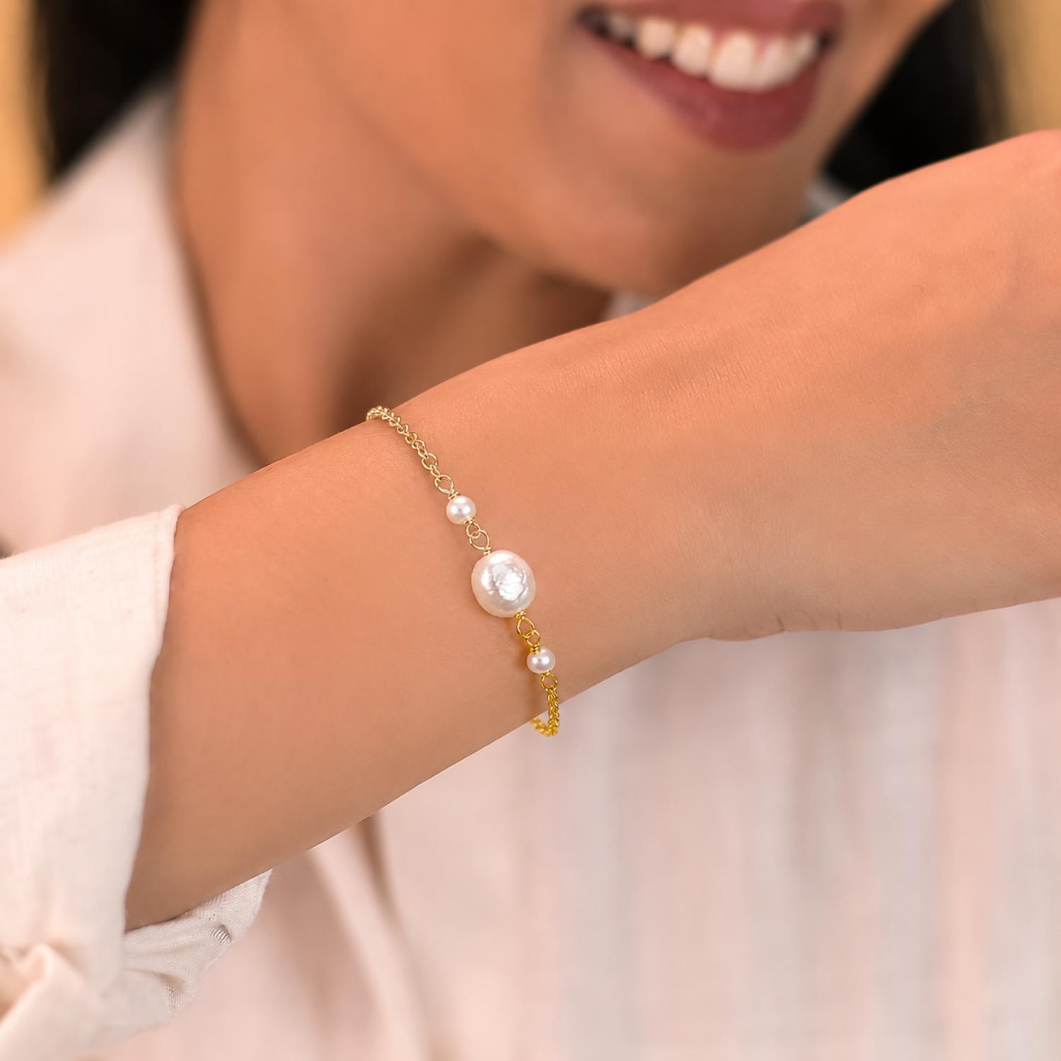 Gold Plated Freshwater Pearl Bracelet - 925 Sterling Silver