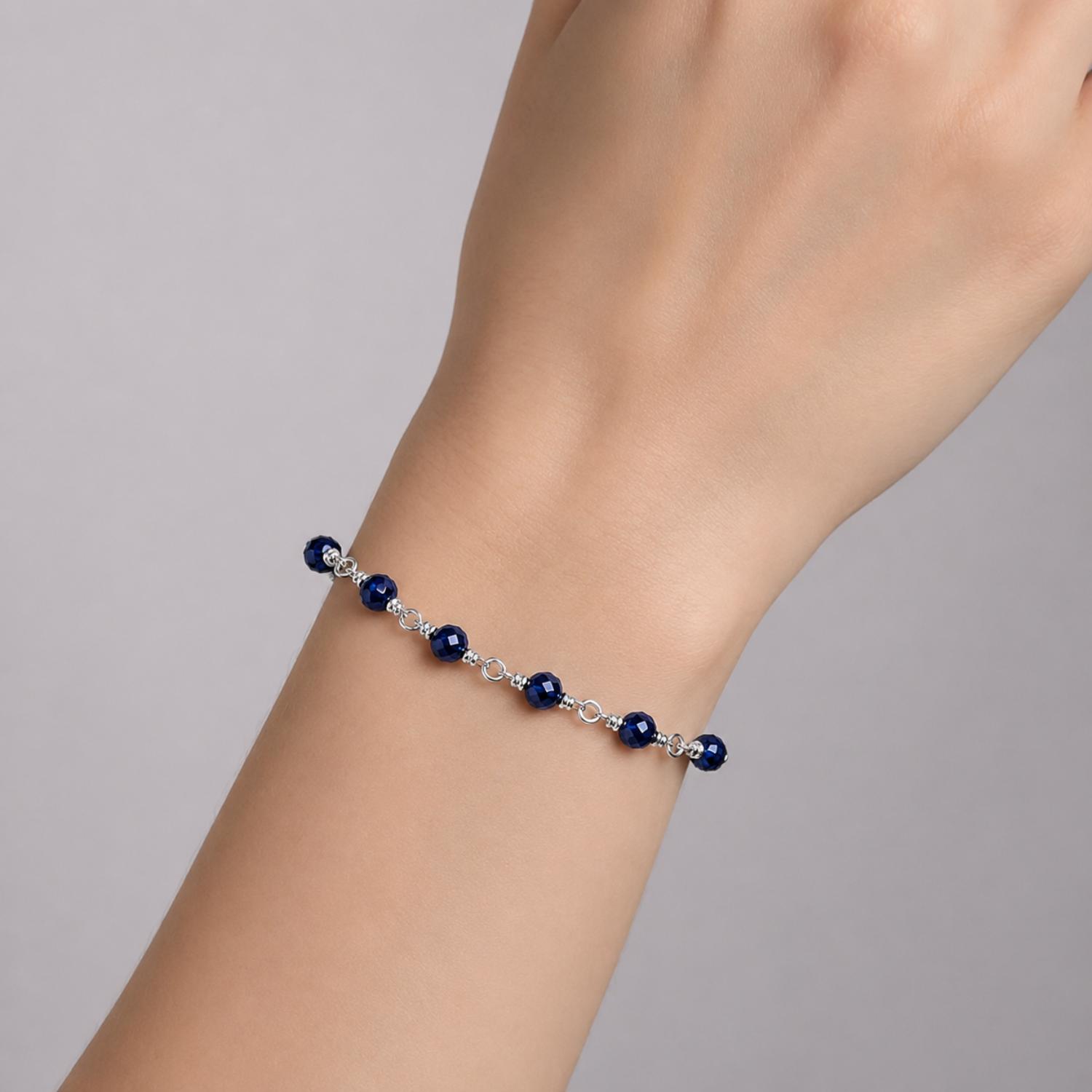 Blue Crystal Adjustable Chain Bracelet - 925 Sterling Silver