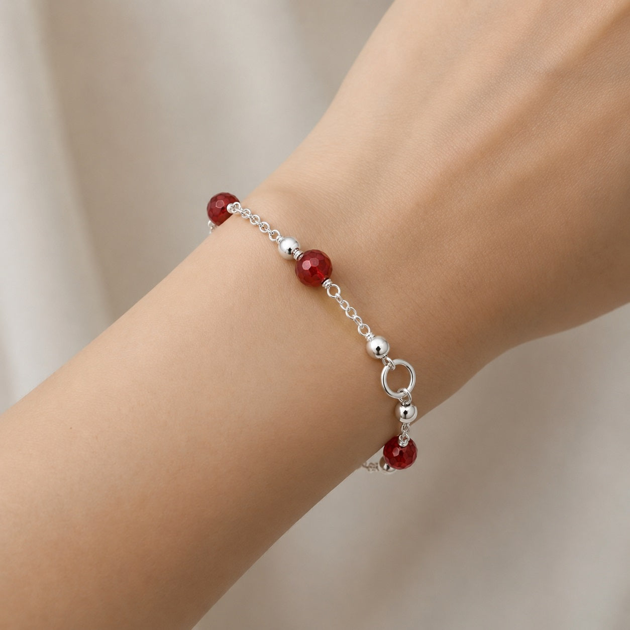 Red Crystal Bead Chain Bracelet - 925 Sterling Silver