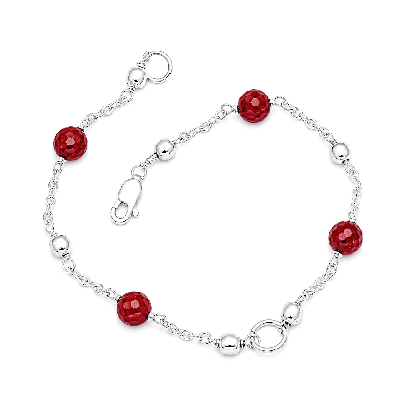 Red Crystal Bead Chain Bracelet - 925 Sterling Silver