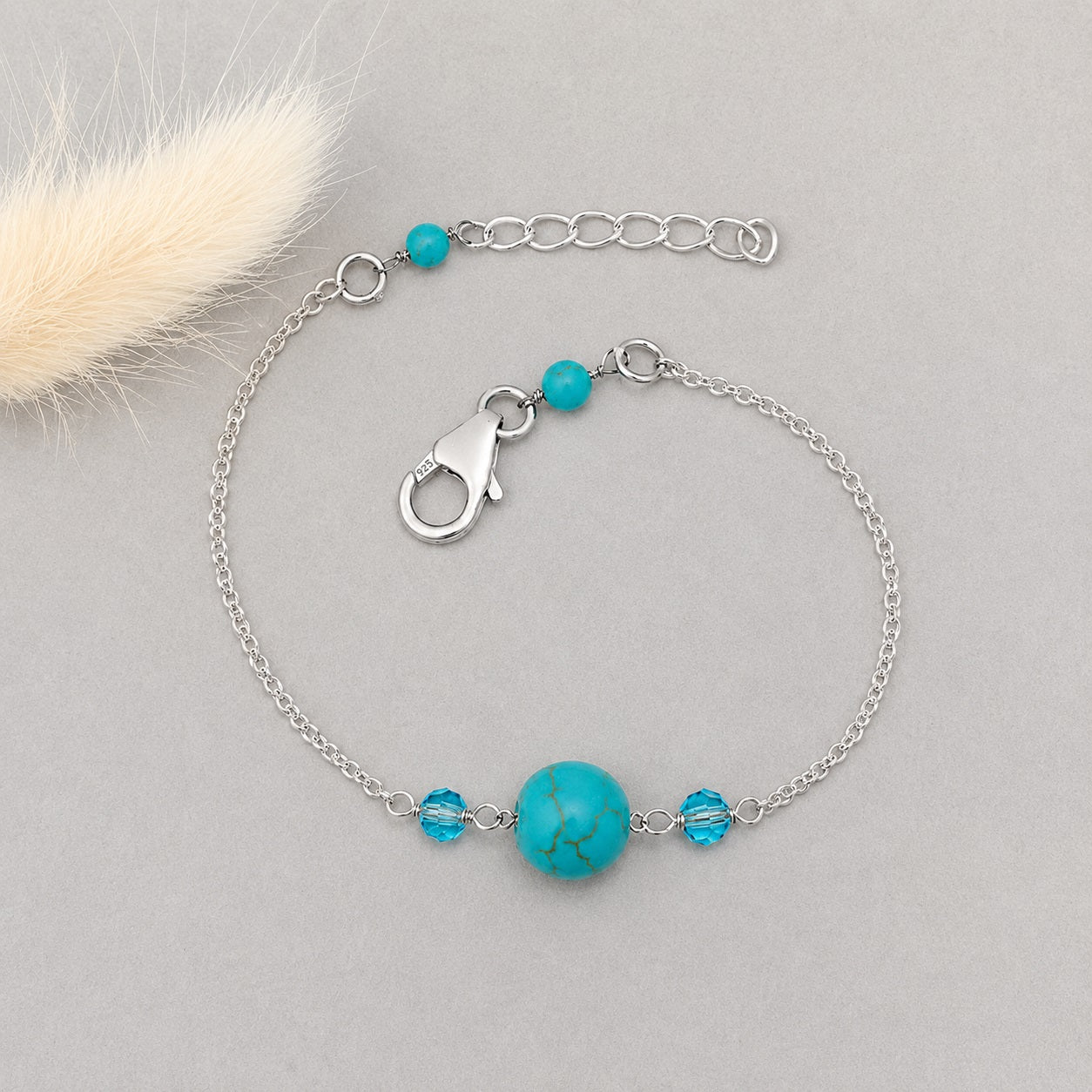 Turquoise & Blue Crystal Chain Bracelet - -925 Sterling Silver