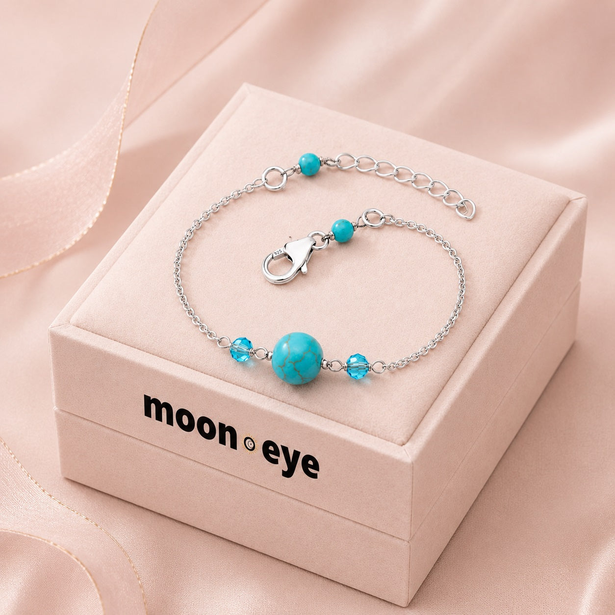 Turquoise & Blue Crystal Chain Bracelet - -925 Sterling Silver