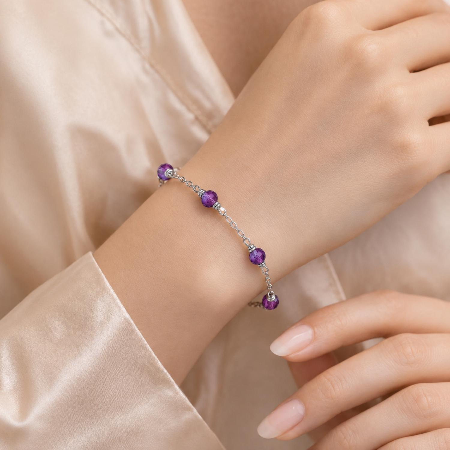 Amethyst Crystal Bead Chain Bracelet - 925 Sterling Silver