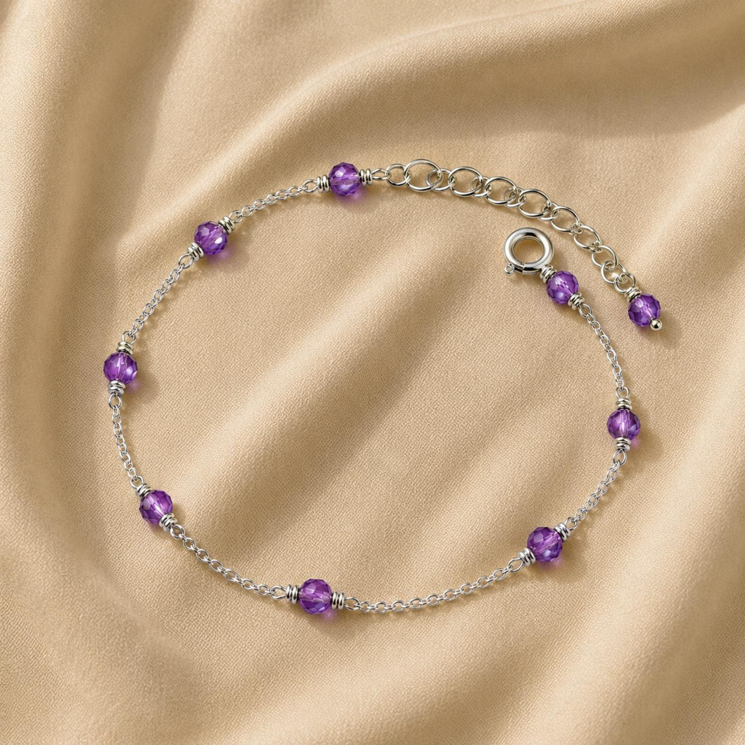 Amethyst Crystal Bead Chain Bracelet - 925 Sterling Silver