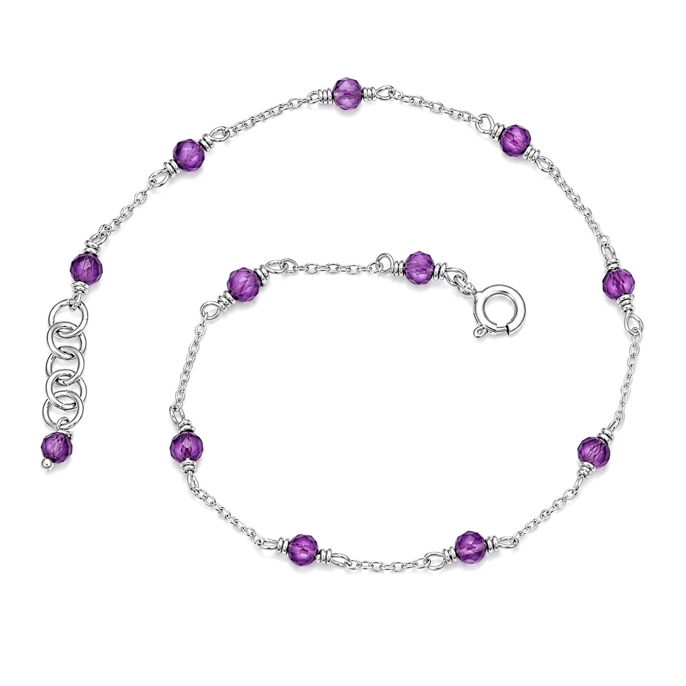 Amethyst Crystal Bead Chain Bracelet - 925 Sterling Silver