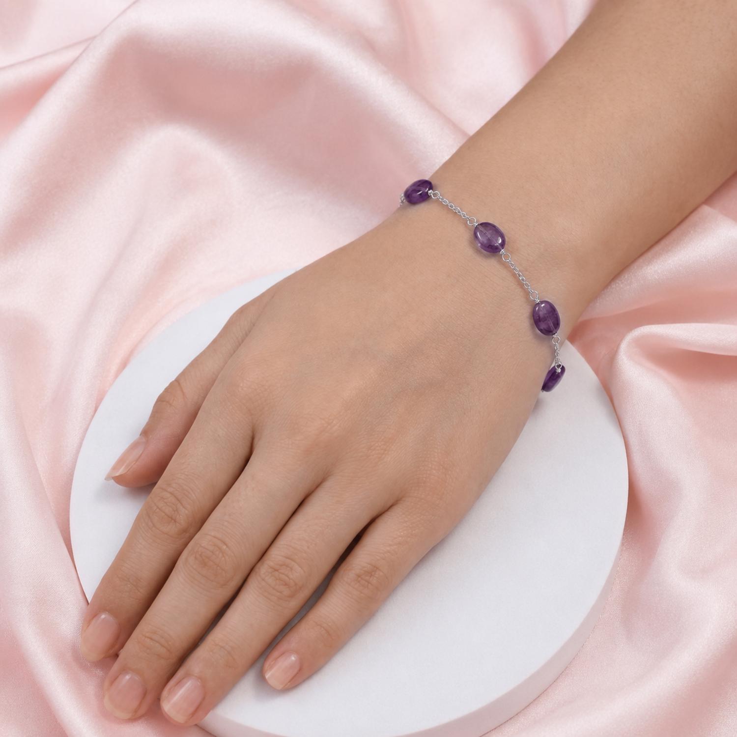 925 Sterling Silver Oval Amethyst Bead Bracelet – 925 Sterling Silver