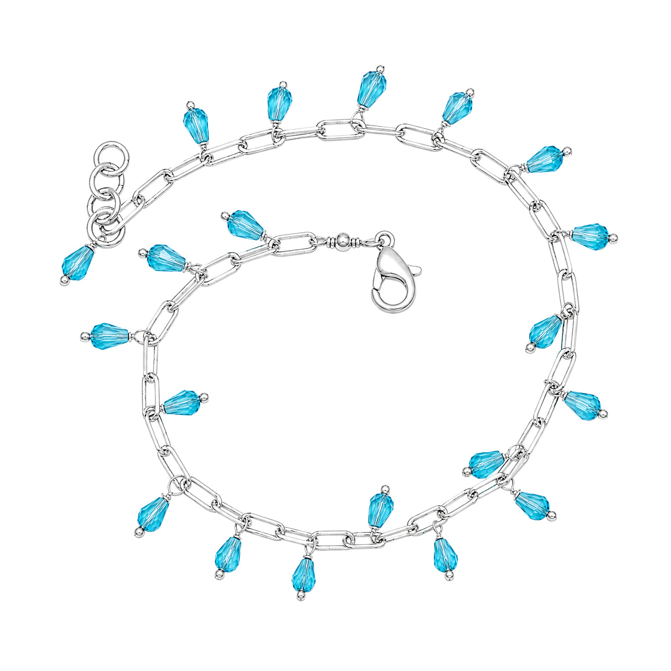 Blue Crystal Charm Adjustable Bracelet   -  925 Silver