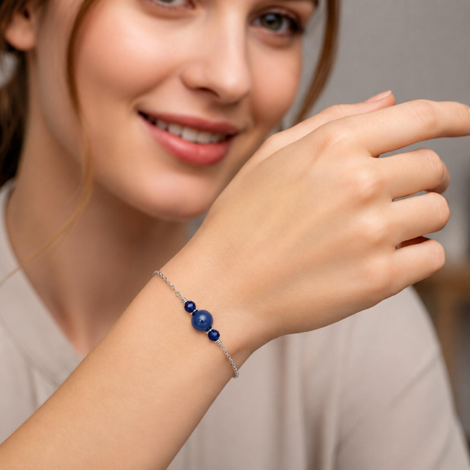 Blue Bead Bracelet Adjustable Chain Bracelet - 925 Sterling Silver