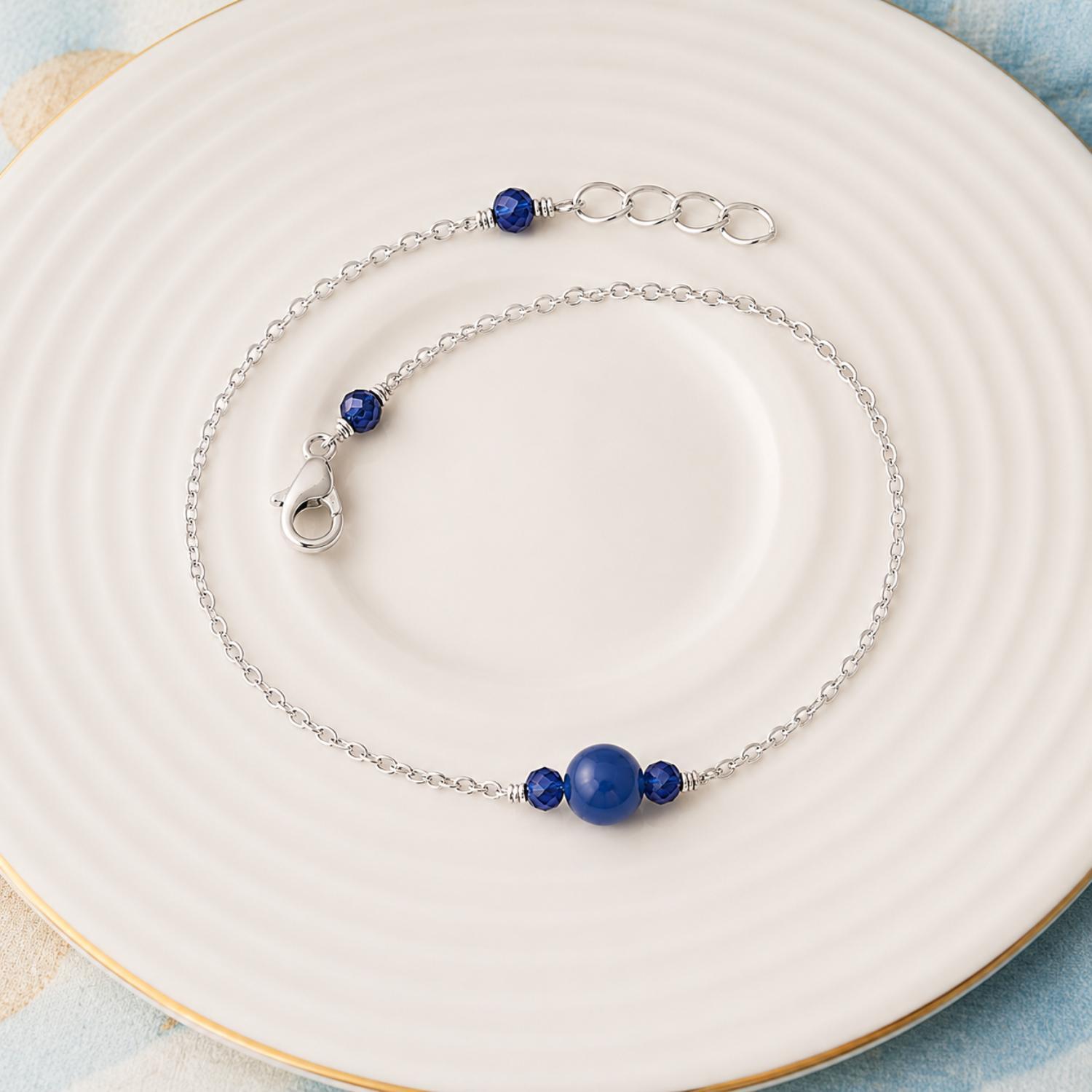 Blue Bead Bracelet Adjustable Chain Bracelet - 925 Sterling Silver