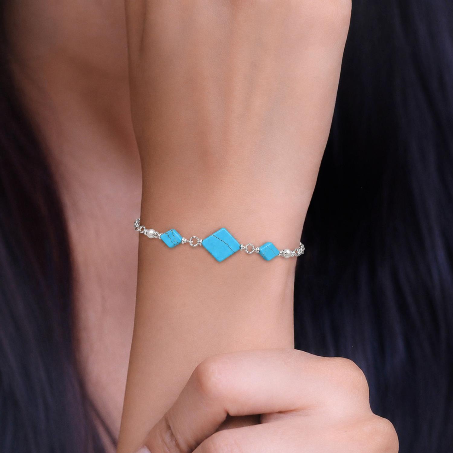 Turquoise Rhombus Bead Chain Bracelet - 925 Sterling Silver