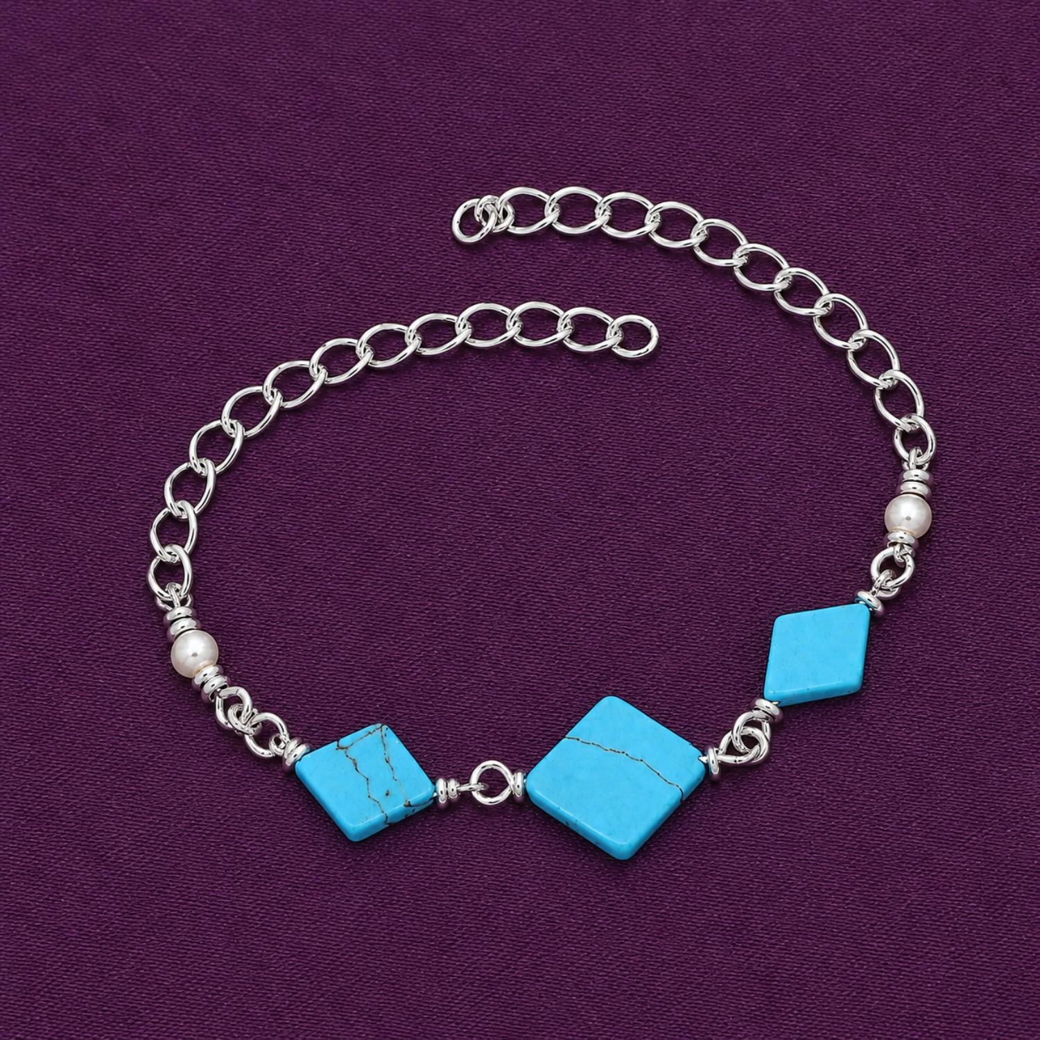 Turquoise Rhombus Bead Chain Bracelet - 925 Sterling Silver
