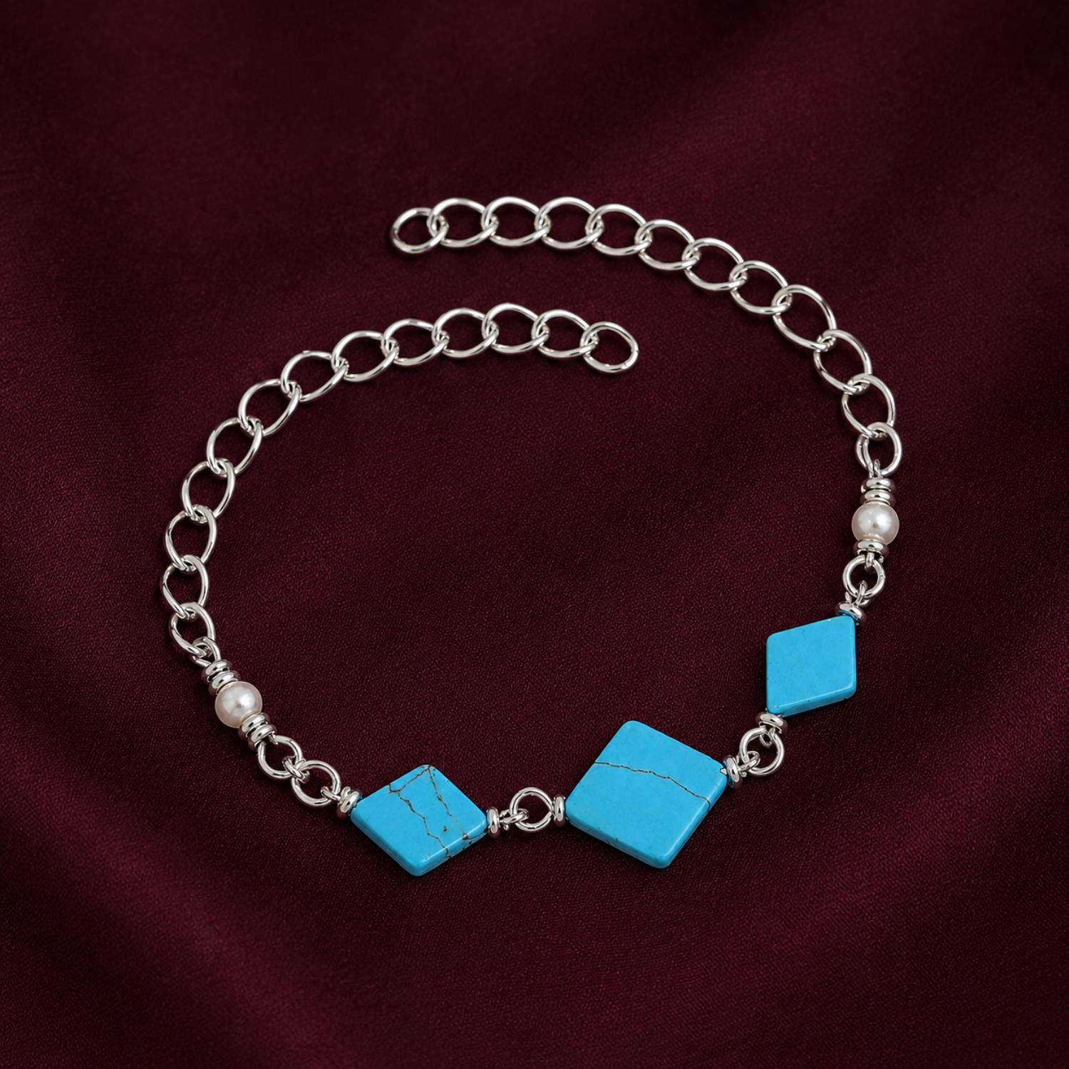 Turquoise Rhombus Bead Chain Bracelet - 925 Sterling Silver