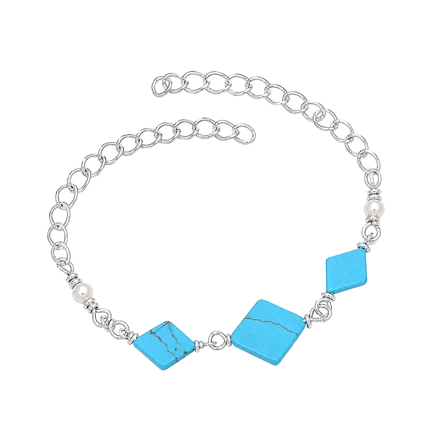 Turquoise Rhombus Bead Chain Bracelet - 925 Sterling Silver