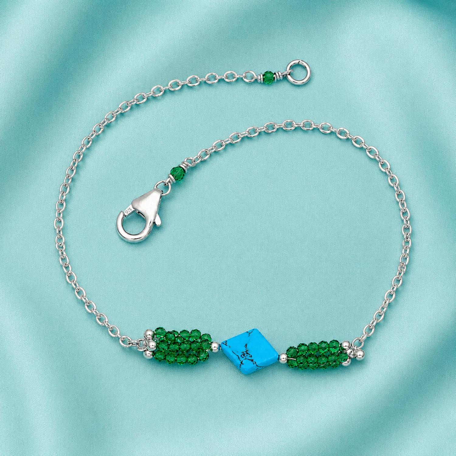 Turquoise & Green Crystal Beaded Chain Bracelet - 925 Sterling Silver