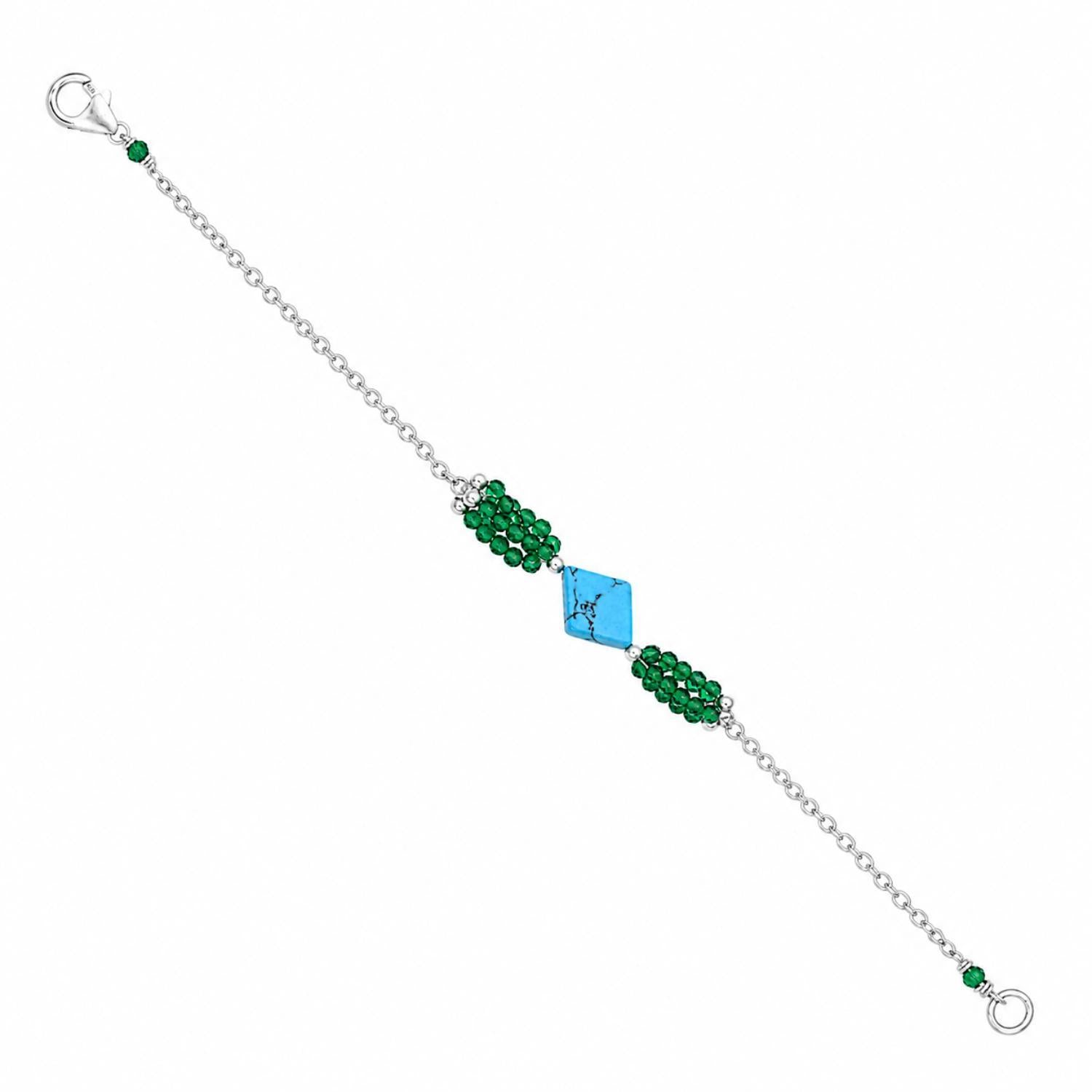 Turquoise & Green Crystal Beaded Chain Bracelet - 925 Sterling Silver