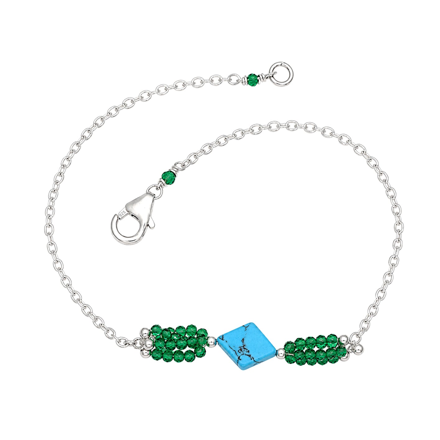 Turquoise & Green Crystal Beaded Chain Bracelet - 925 Sterling Silver
