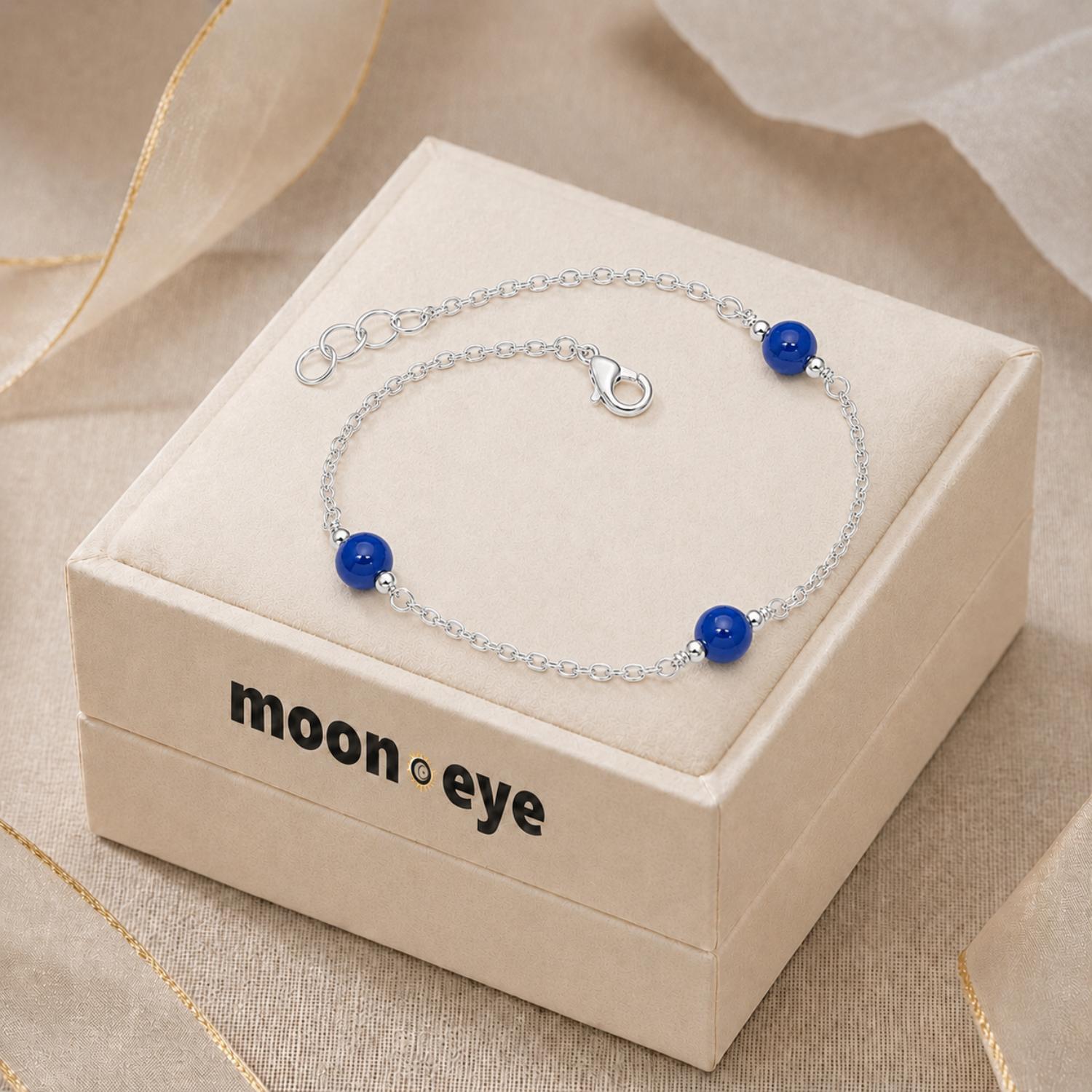 Blue Agate Bead Chain Bracelet - 925 Sterling Silver