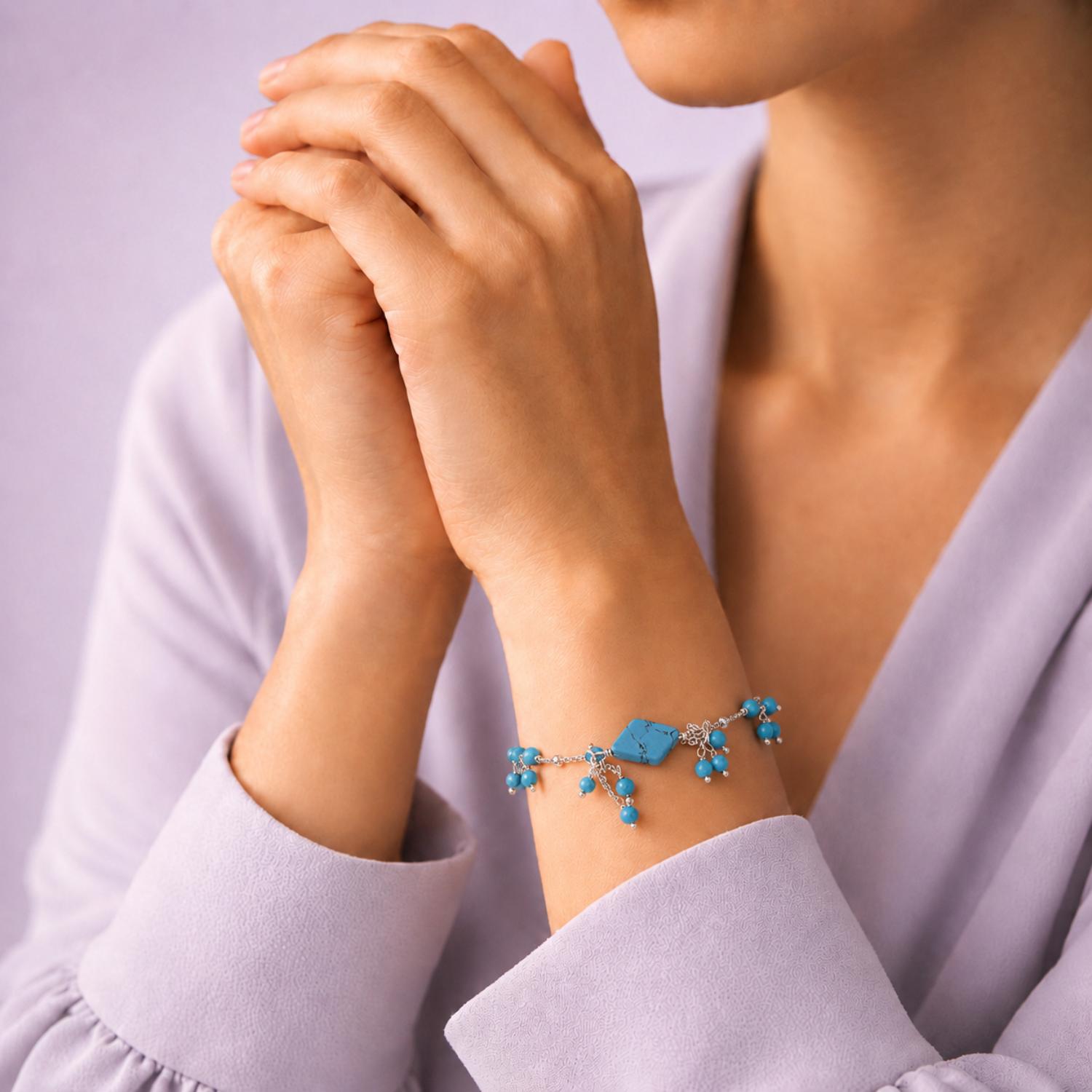 Turquoise & Blue Crystal Charm Bracelet - 925 Sterling Silver