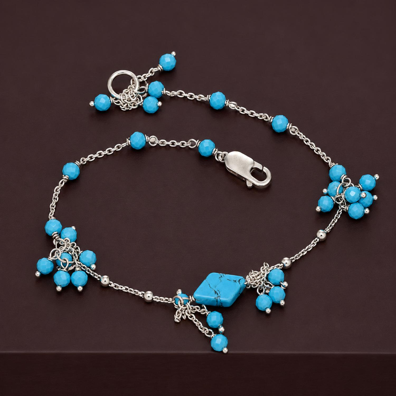 Turquoise & Blue Crystal Charm Bracelet - 925 Sterling Silver