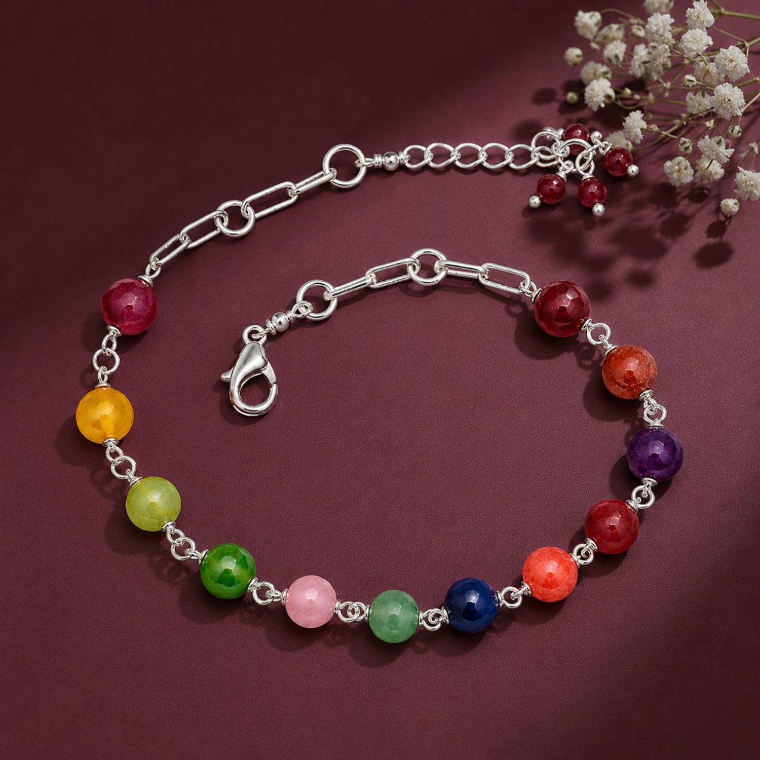 Multi-Gemstone Bead Chain Bracelet - 925 Sterling Silver