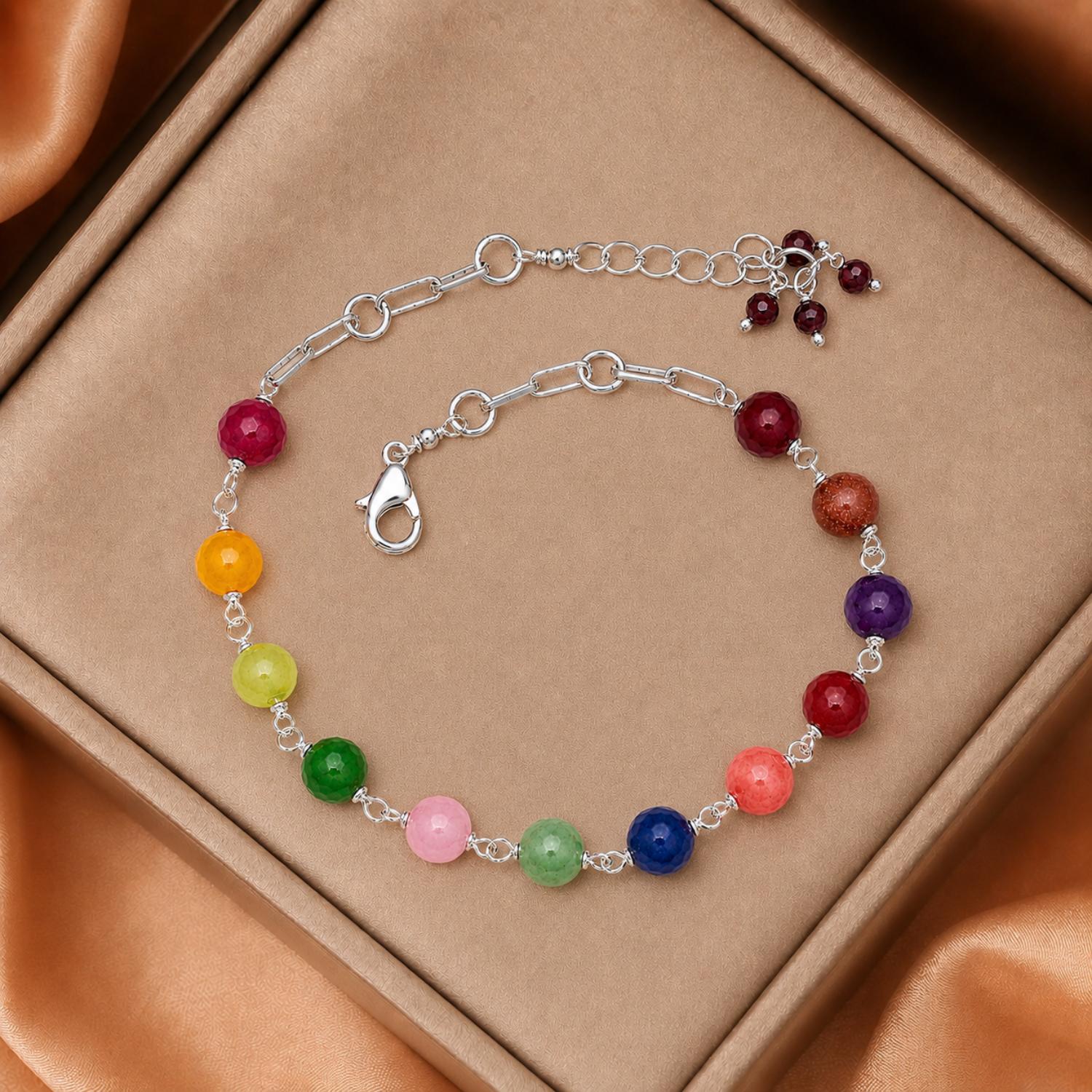 Multi-Gemstone Bead Chain Bracelet - 925 Sterling Silver