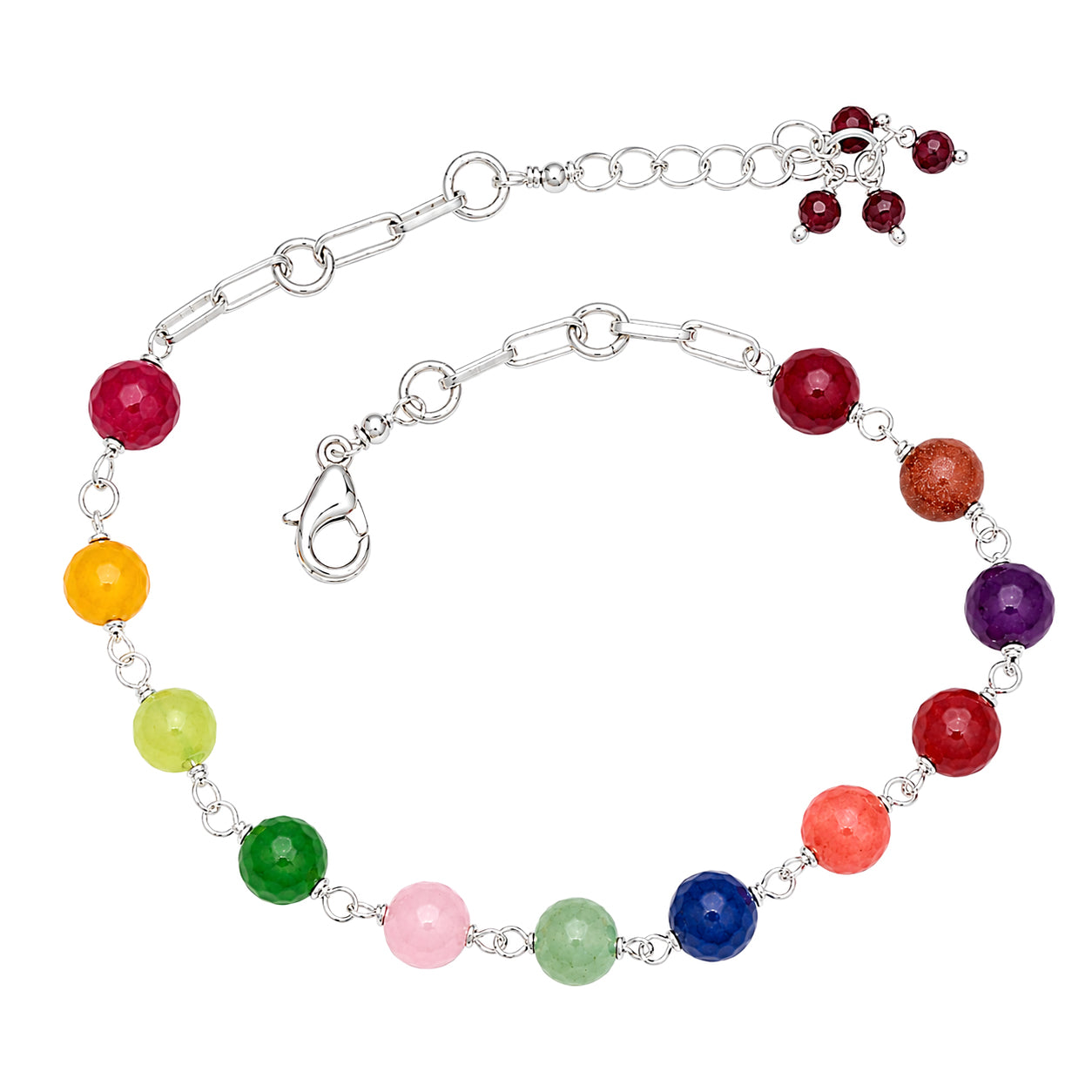 Multi-Gemstone Bead Chain Bracelet - 925 Sterling Silver