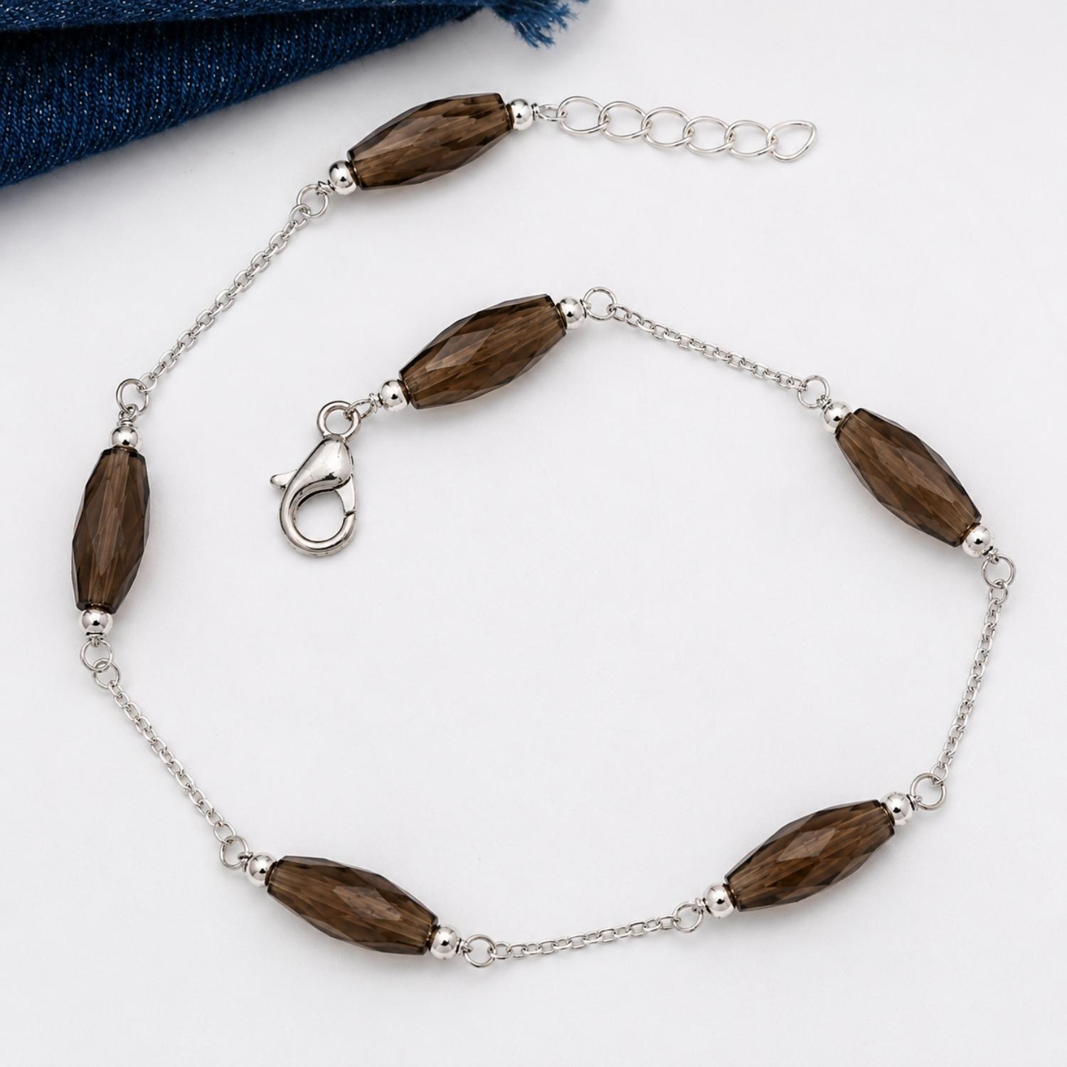 Smoky Quartz Faceted Beaded Bracelet - 925 Sterling Silver