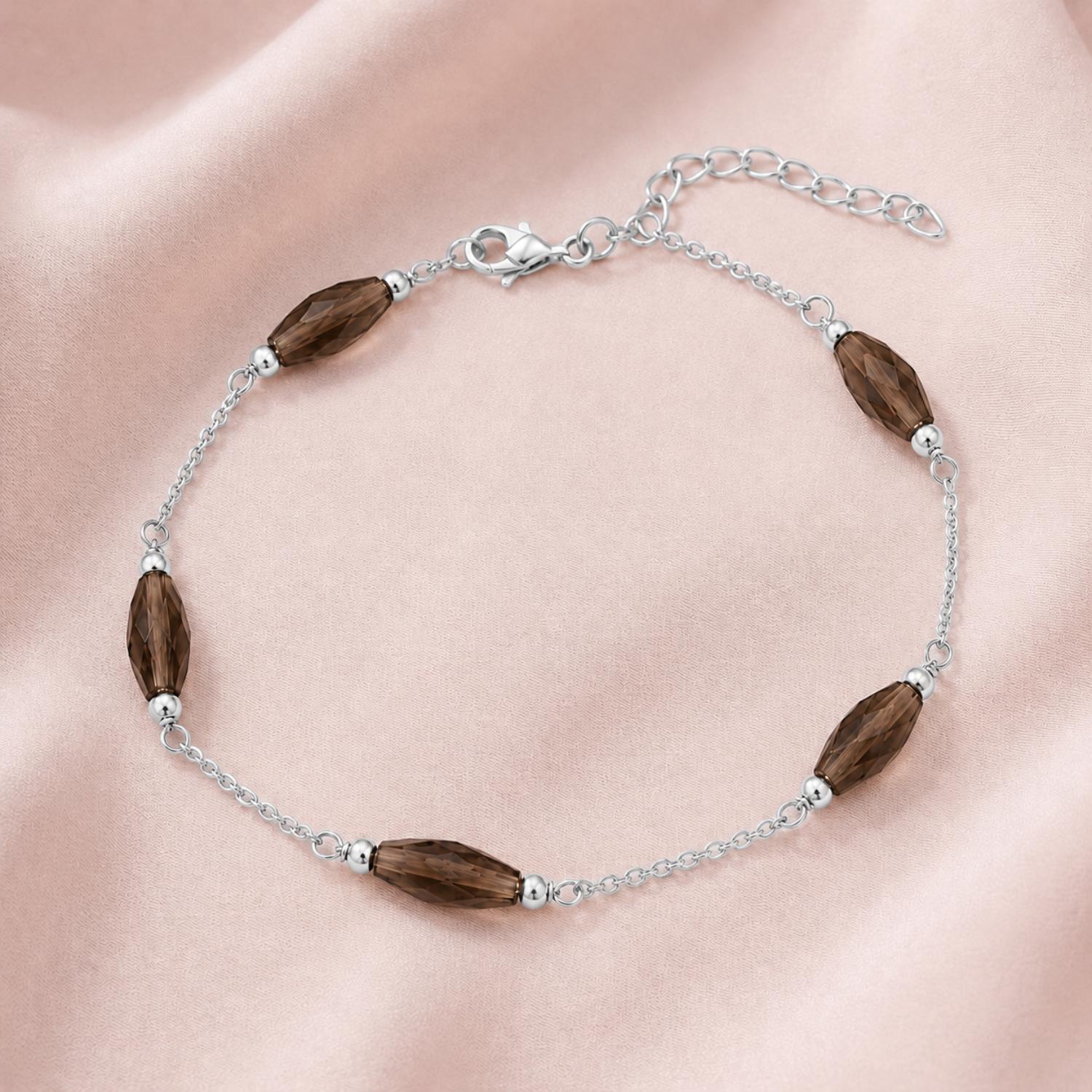Smoky Quartz Faceted Beaded Bracelet - 925 Sterling Silver