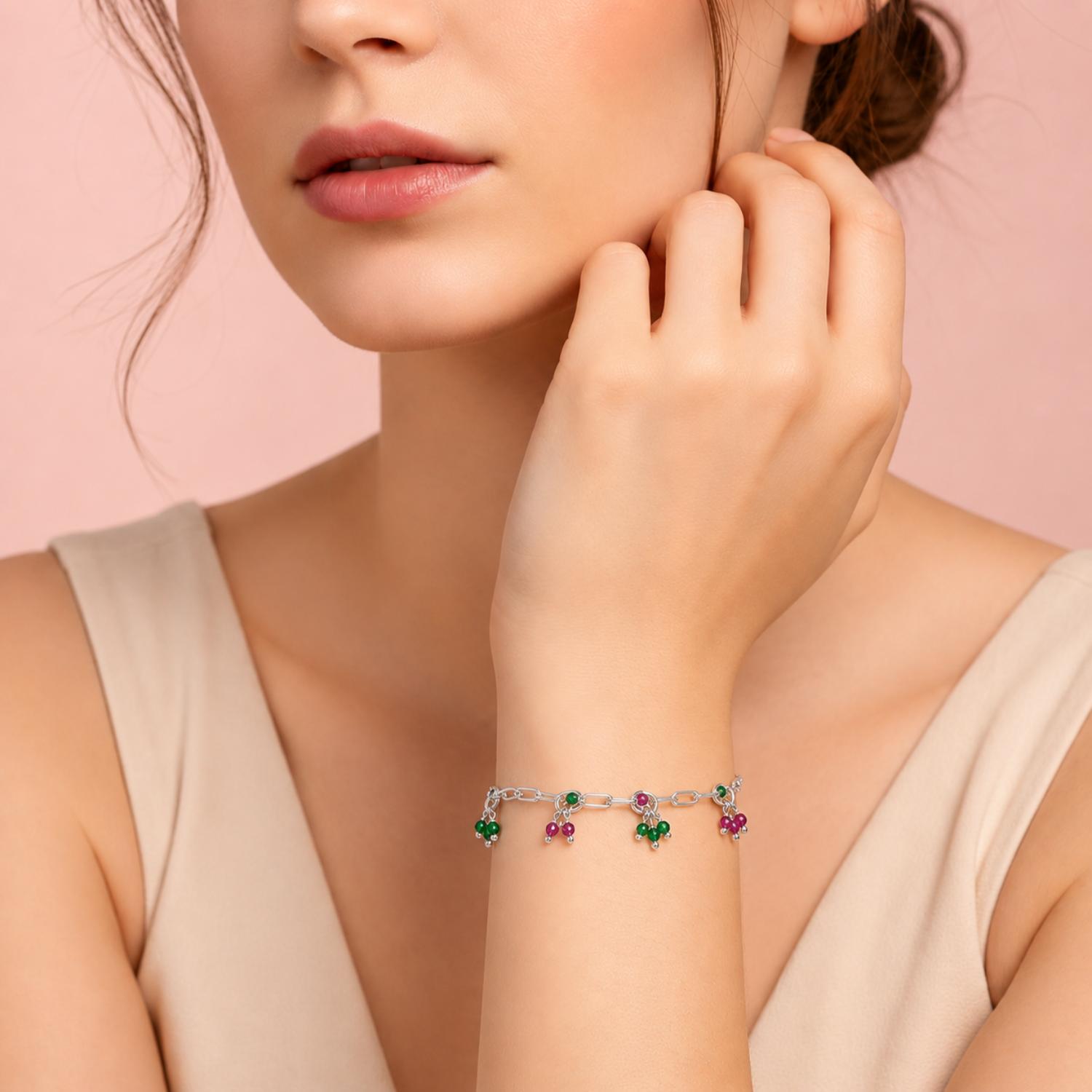 Pink & Green Beaded Charm Bracelet - 925 Sterling Silver