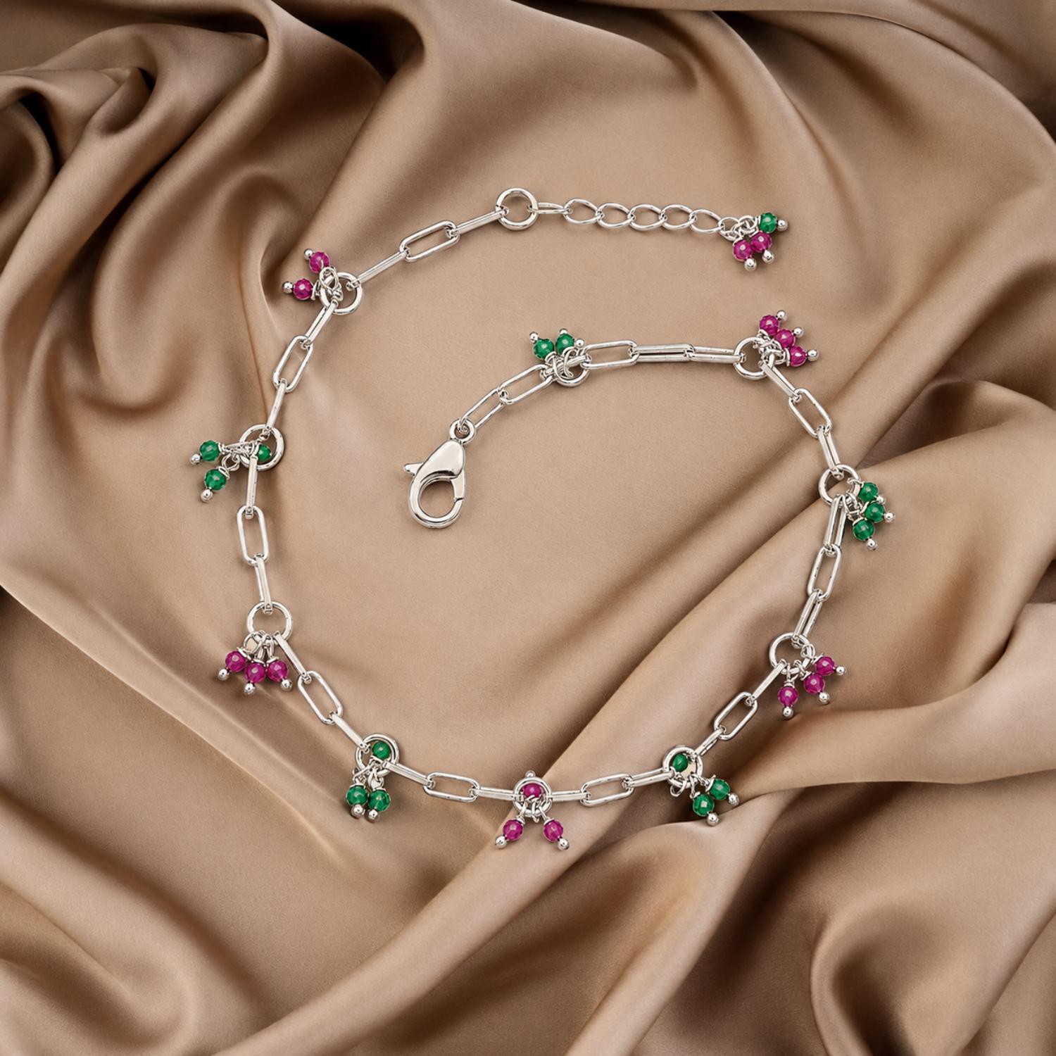 Pink & Green Beaded Charm Bracelet - 925 Sterling Silver