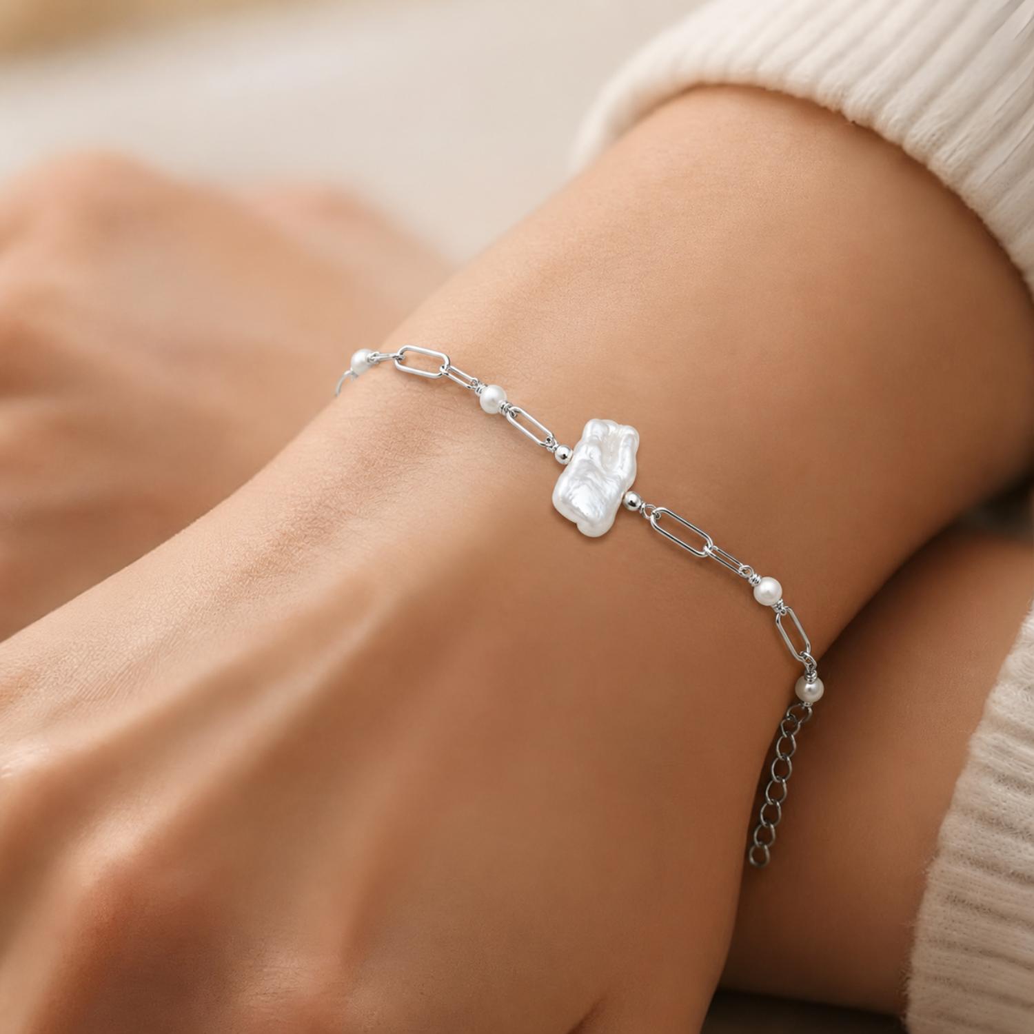 Baroque Pearl Paperclip Chain Bracelet - 925 Sterling Silver