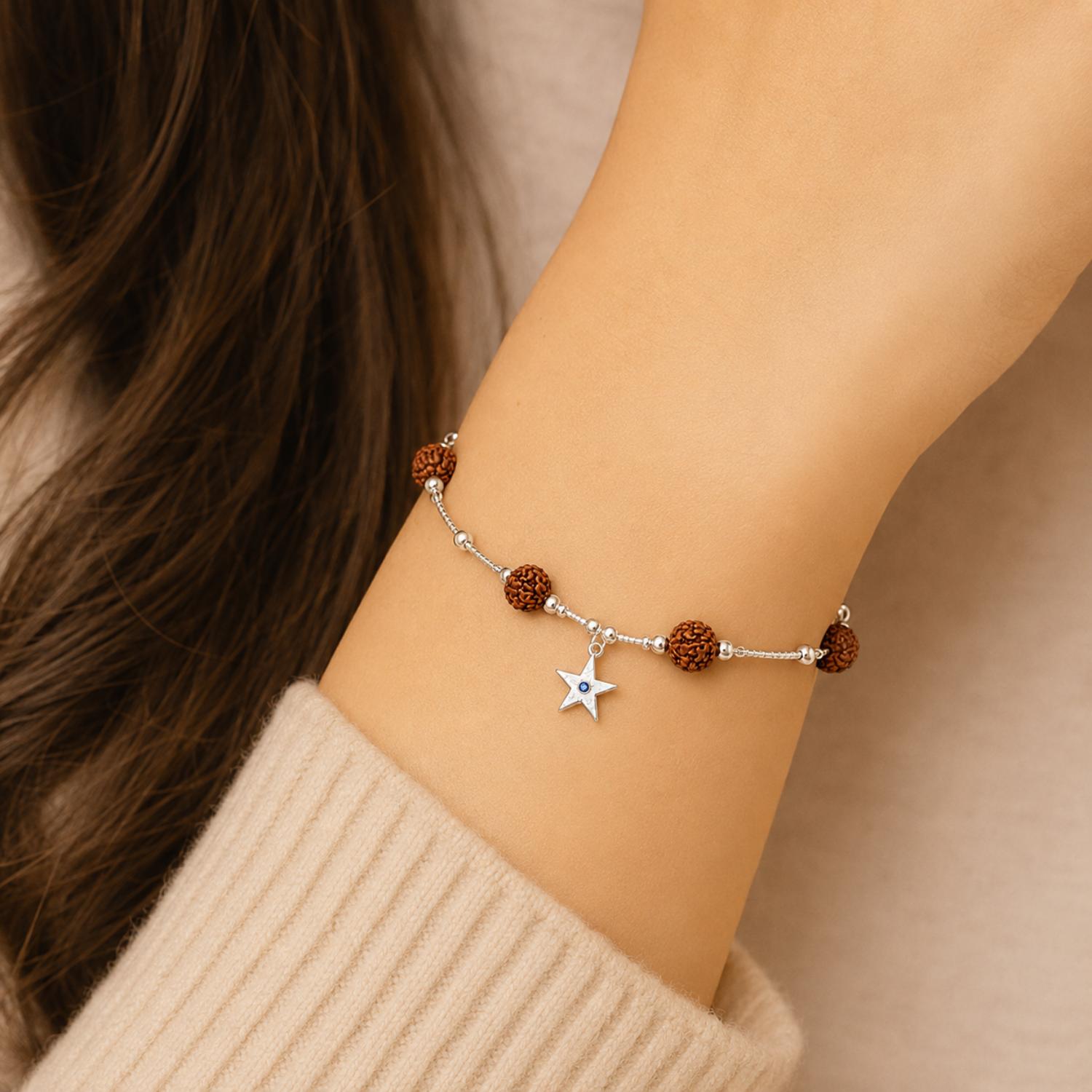 Rudraksha Bead Star Charm Chain Bracelet - 925 Sterling Silver