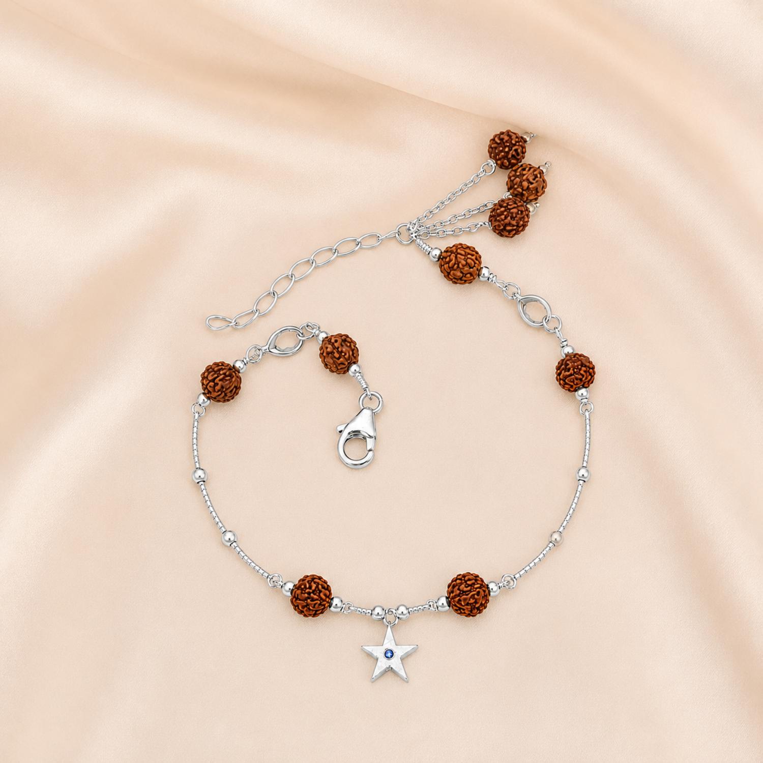 Rudraksha Bead Star Charm Chain Bracelet - 925 Sterling Silver