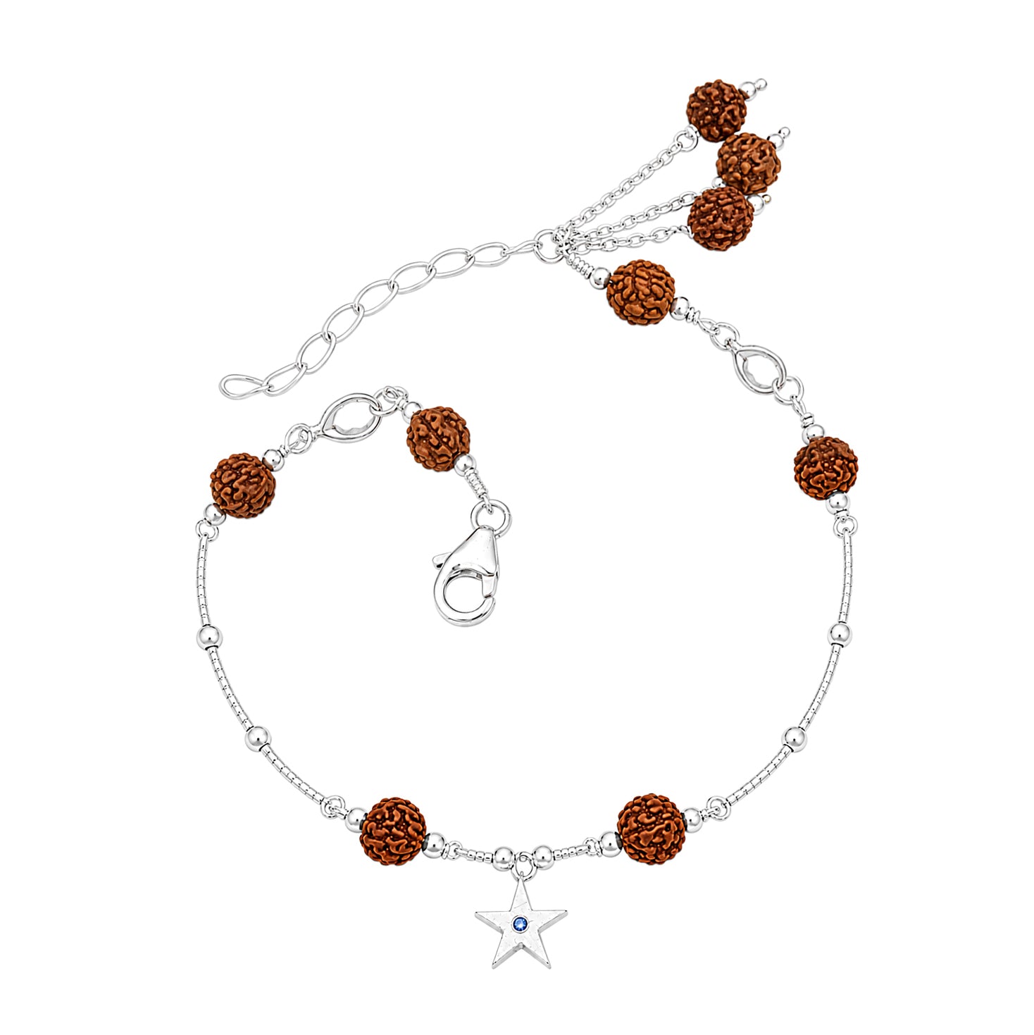 Rudraksha Bead Star Charm Chain Bracelet - 925 Sterling Silver