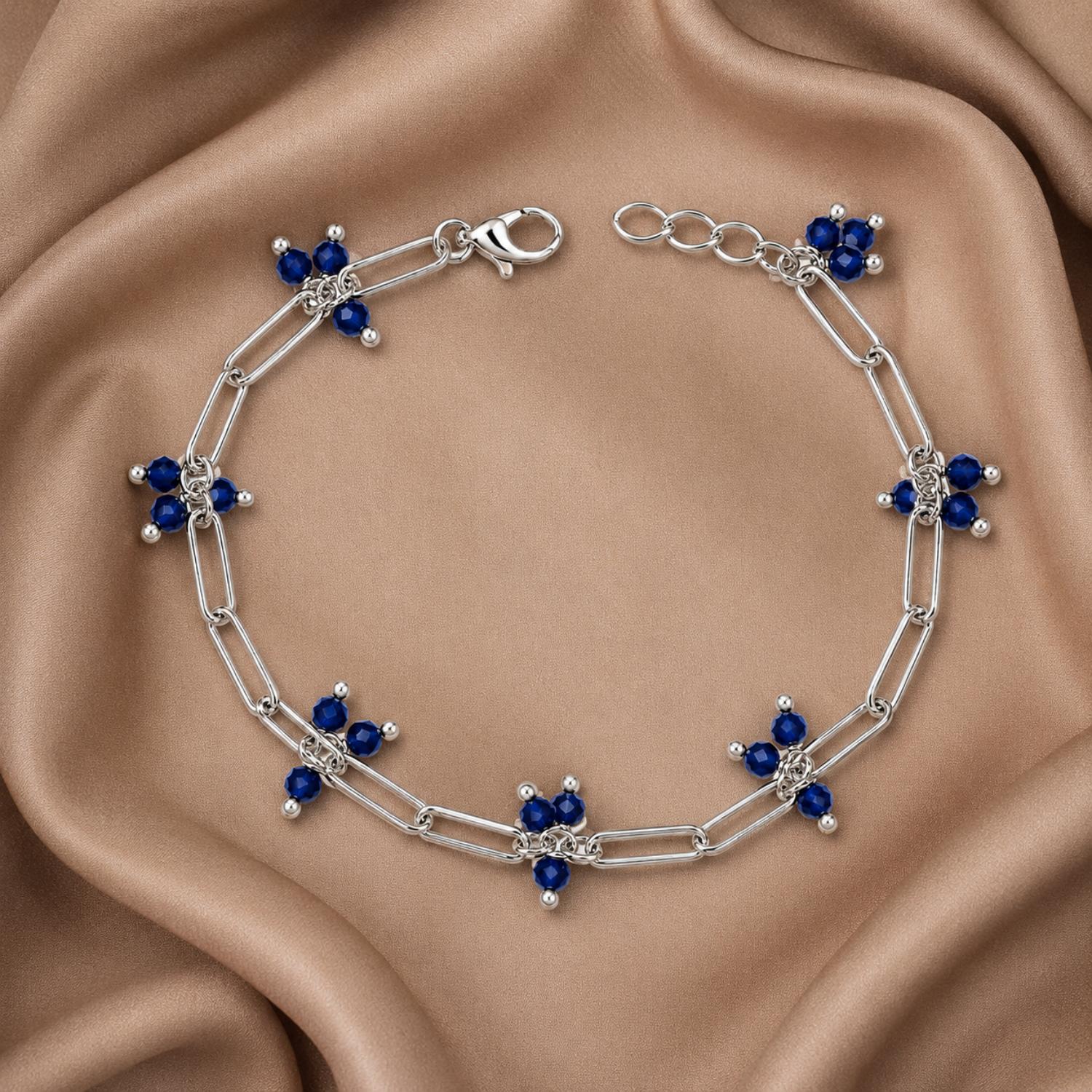 Blue Bead Paperclip Chain Bracelet - 925 Sterling Silver